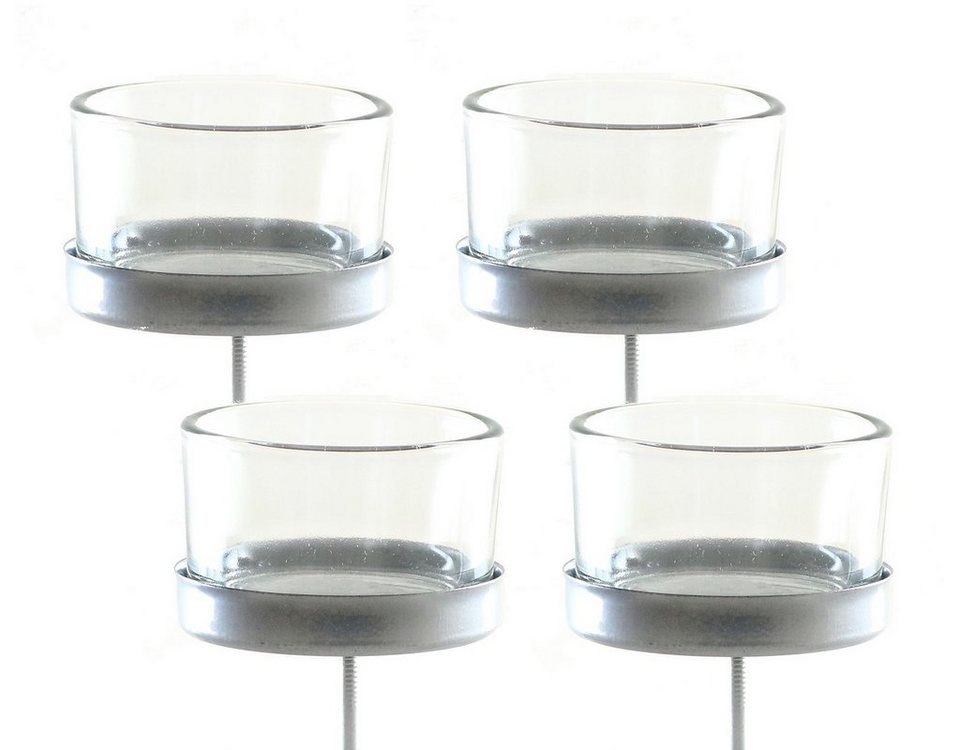 Spetebo Teelichthalter Teelichtstecker Glas / Metall im 4er Set (Set, 4 St.,  Teelichtstecker Glas), Kerzenhalter in silber, schweres, dickes Glas auf  Metallhalterung