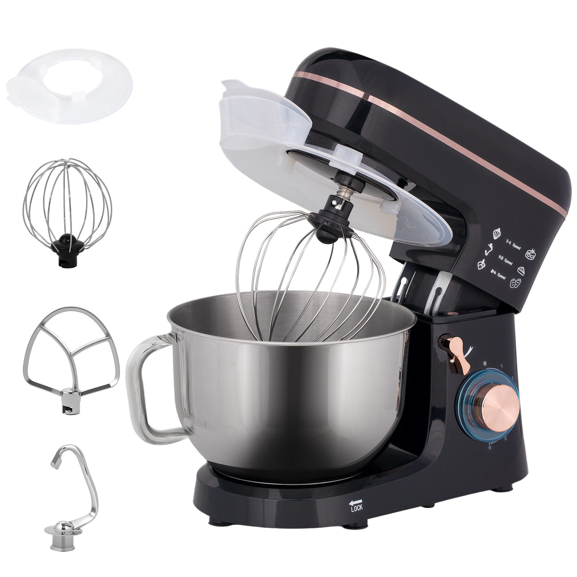 HOMCOM Küchenmaschine 800-251V91BK, 1400 W, 5.5 l Schüssel, mit Rührhaken, Schlagbesen, Spritzschutz, Teigschaber und Eiertrenner