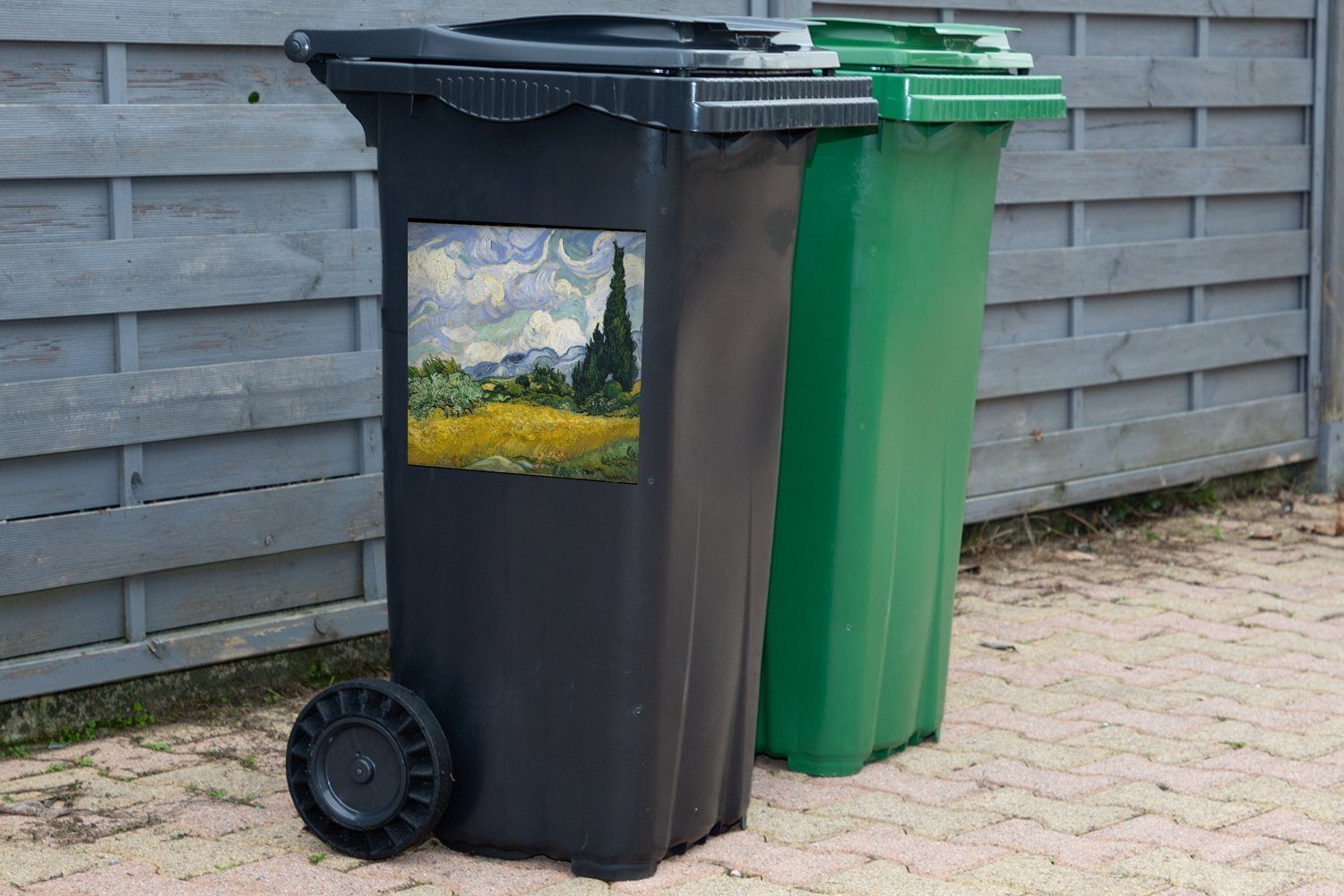 MuchoWow Wandsticker Weizenfeld Sticker, mit Abfalbehälter Gogh van - Vincent Mülleimer-aufkleber, Mülltonne, Container, (1 Zypressen St)