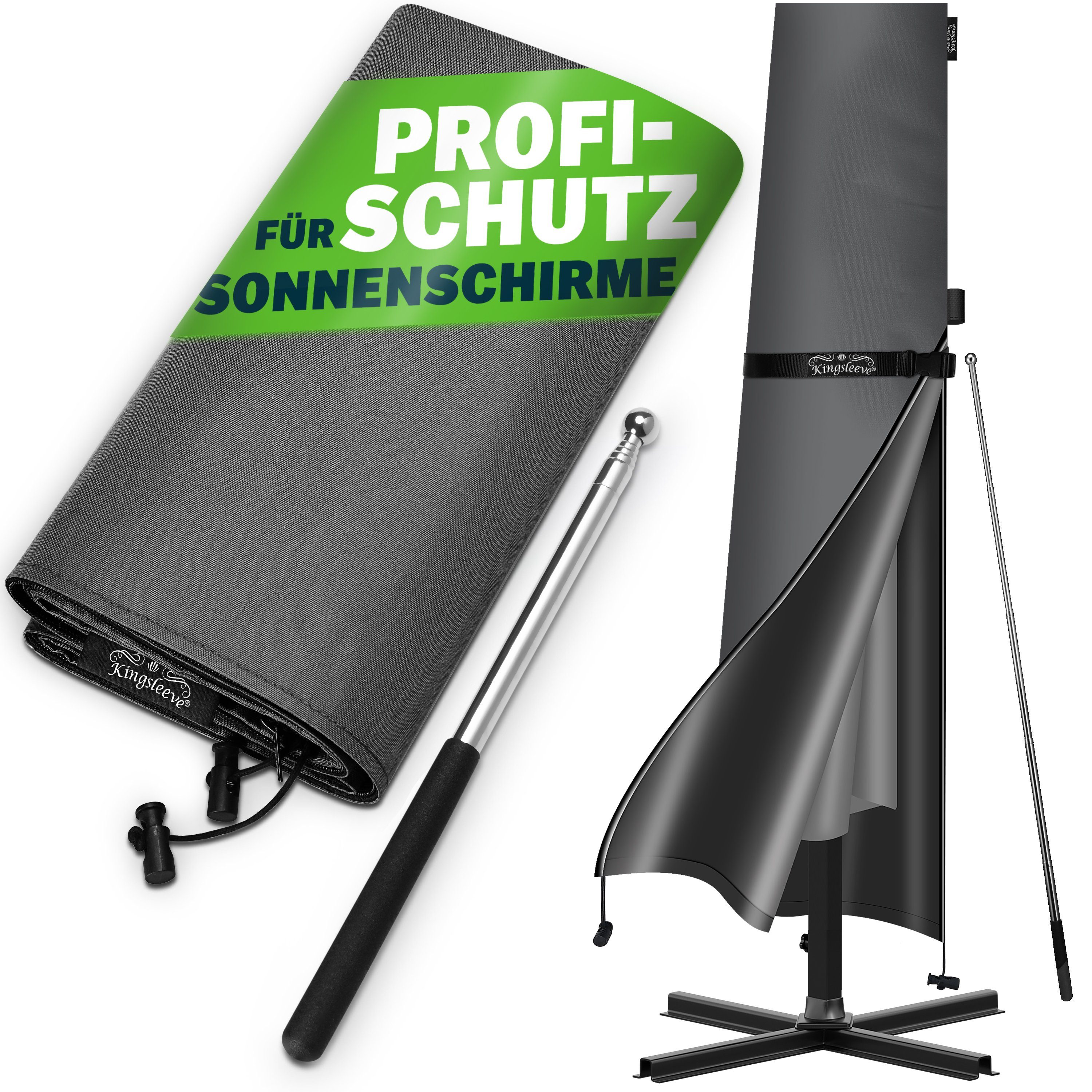 Kingsleeve Sonnenschirm-Schutzhülle (1-St), bis Ø 350 cm mit Stab Winterfest Wasserabweisend Wetterfest Robust