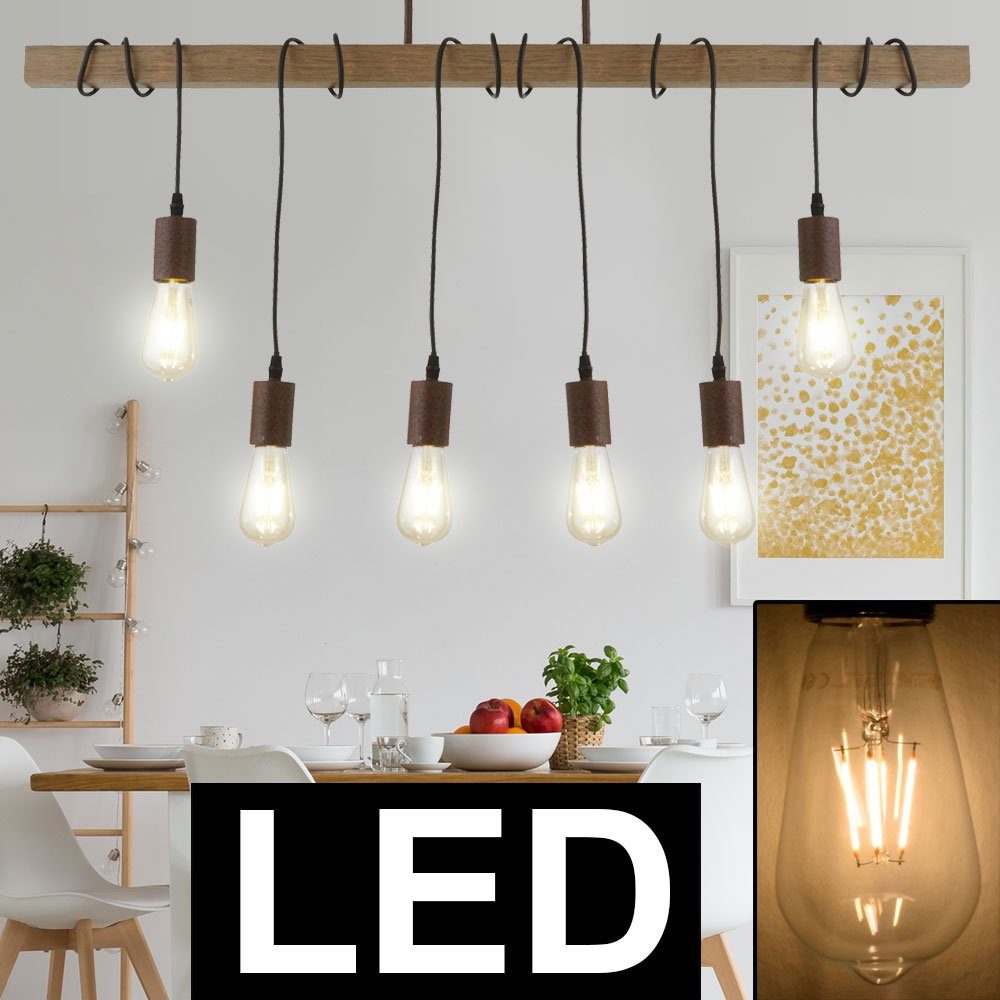 etc-shop LED Pendelleuchte, Leuchtmittel inklusive, Warmweiß, Design Hänge Lampe Holz Balken Decken Pendel Leuchte Filament im