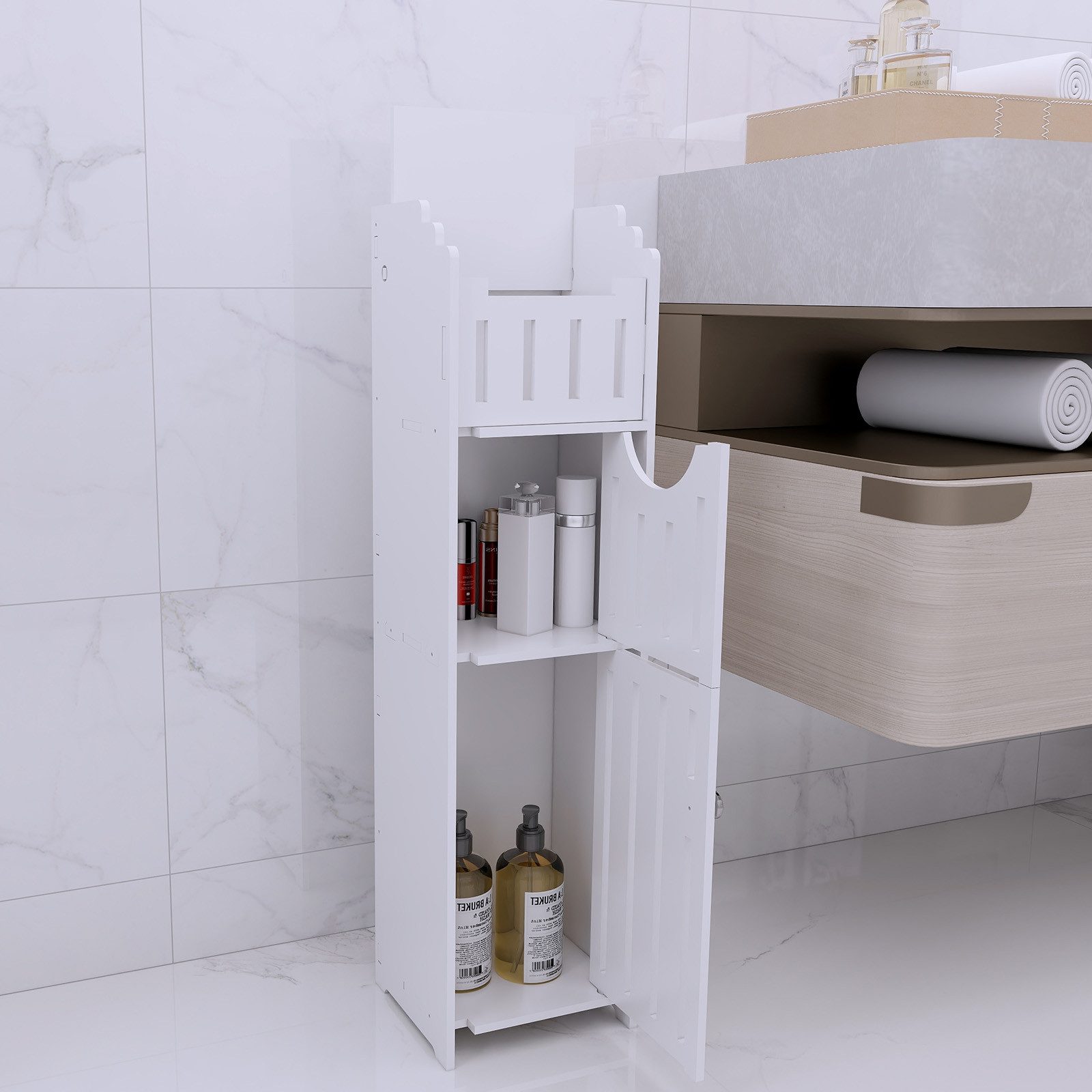 JEOBEST Badkommode Toilettenschrank, Badezimmerschrank, Platzsparend, (1-St, Badregal), Schmal mit Tür, 20x18x78 cm