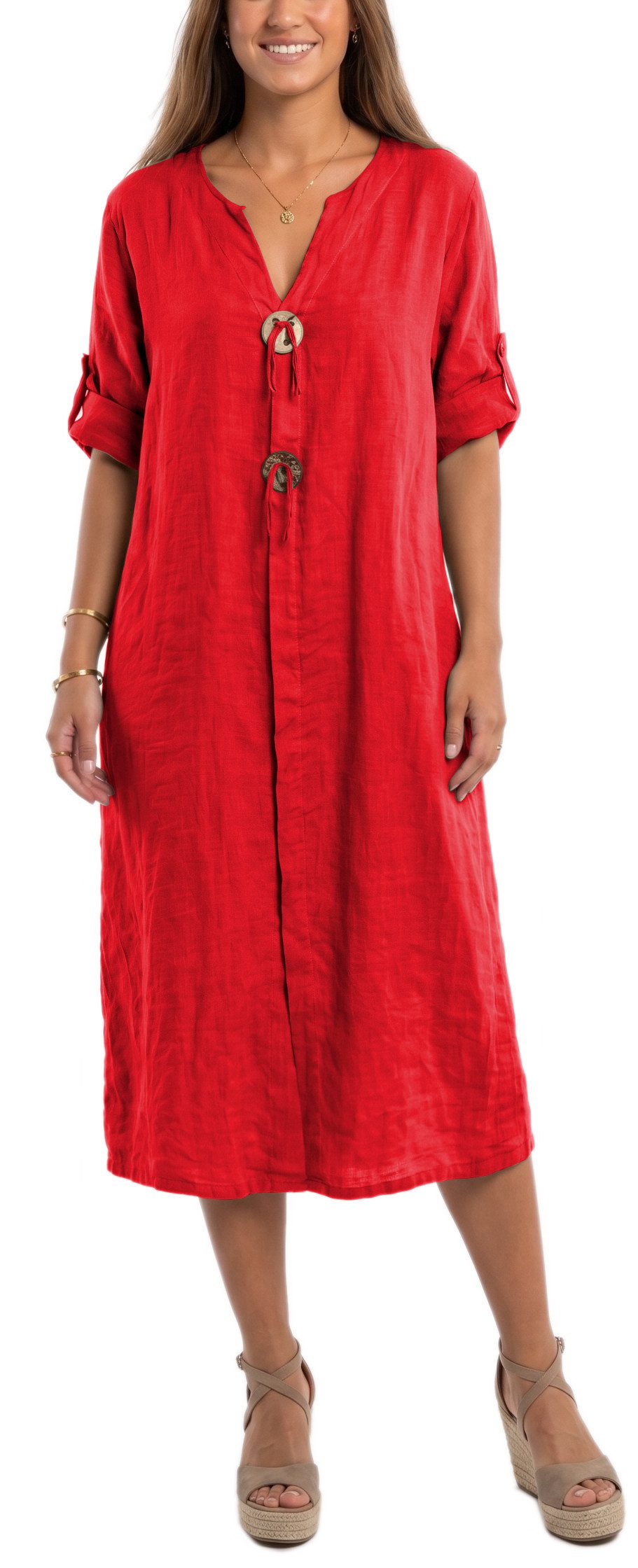 dy_mode Hemdblusenkleid Damen Leinenkleid Midi Hemdblusenkleid mit V-Ausschnitt Freizeitkleid in Unifarbe, V-Ausschnitt, mit seitlichen Eingriffstaschen