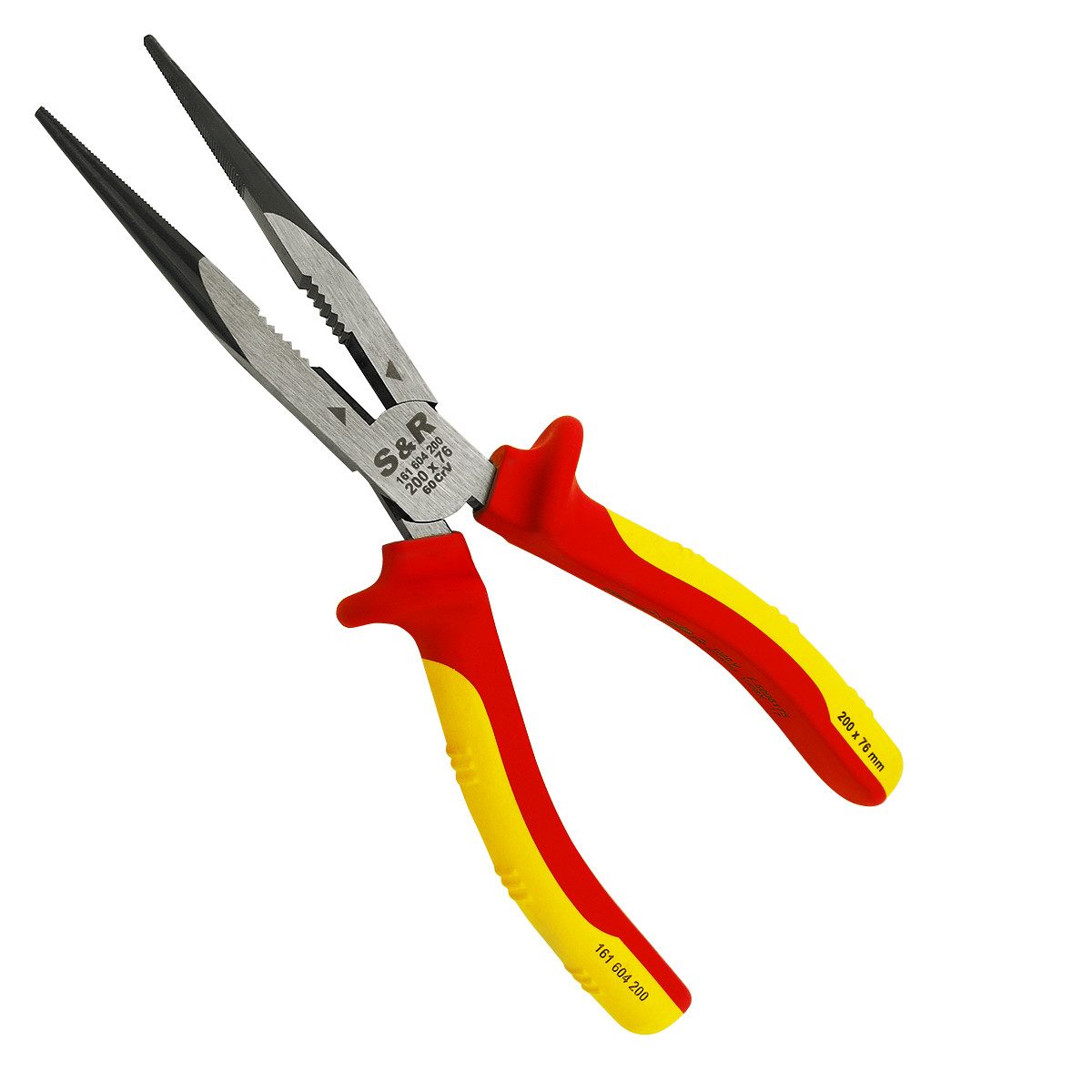 S&R Flachzange VDE Flachrundzange 200 mm, gerade Spitzzange, 60 CrV, hitze- und induktionsgehärtet für professionellen Einsatz, HRC 66