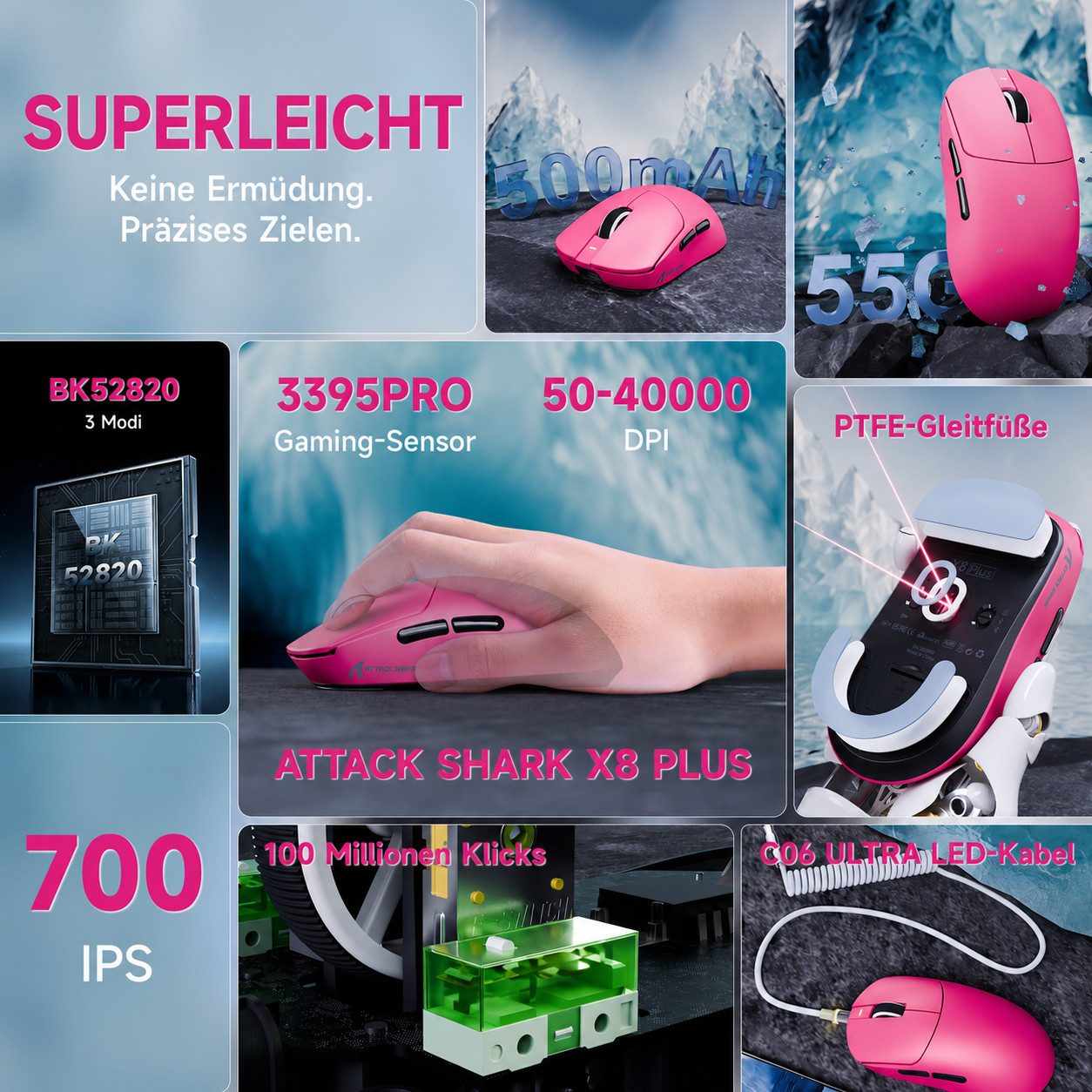 ATTACK SHARK X8PLUS Kabellose Gaming-Maus,40000 DPI,55g Superleichte Gaming-Maus (Bluetooth, kabelgebunden, 2.4GHz, 40000 dpi, PAW3395PRO Sensor,BK52820 MCU)