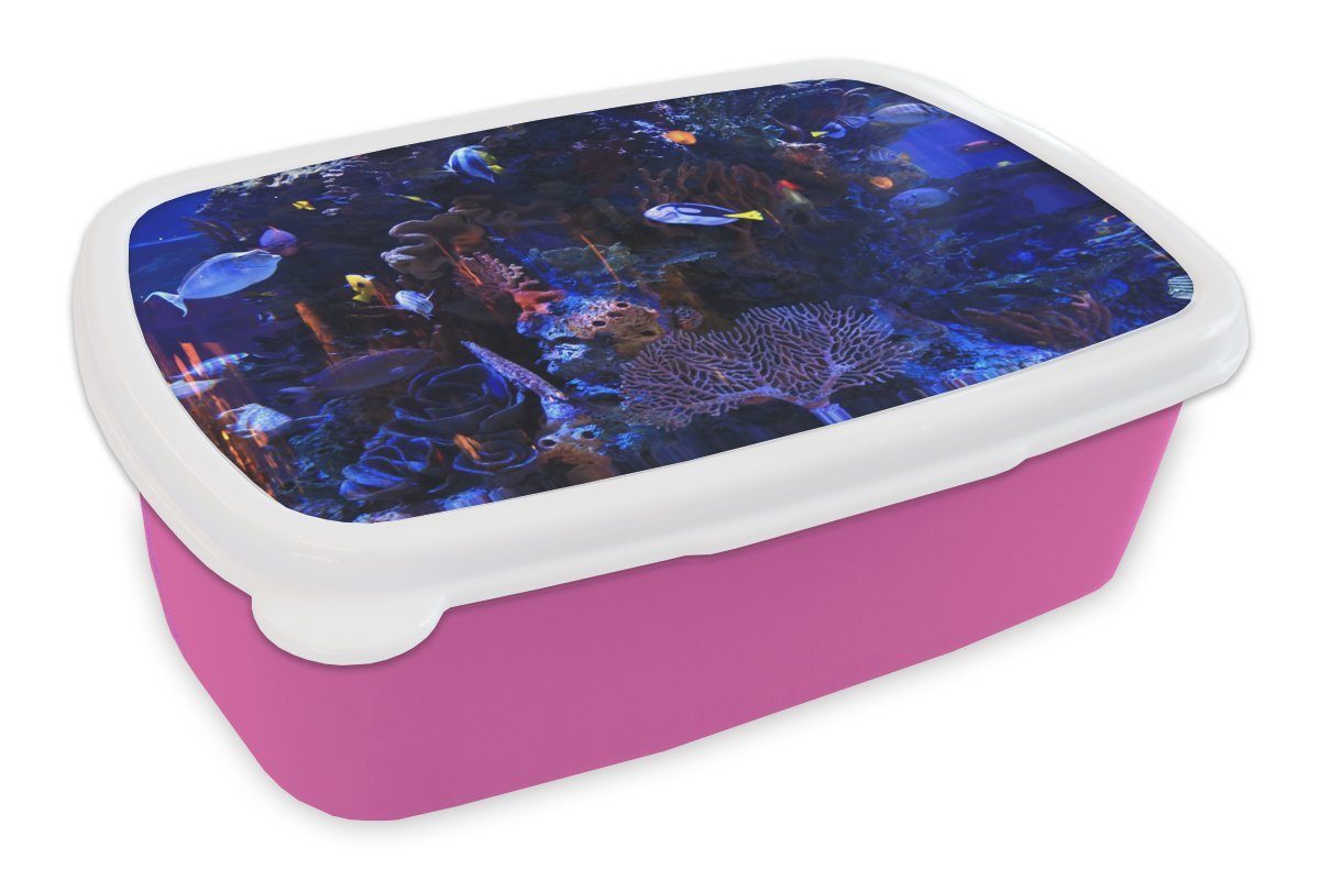 MuchoWow Lunchbox Tropisches Meerwasseraquarium, Kunststoff, (2-tlg), Brotbox für Erwachsene, Brotdose Kinder, Snackbox, Mädchen, Kunststoff rosa