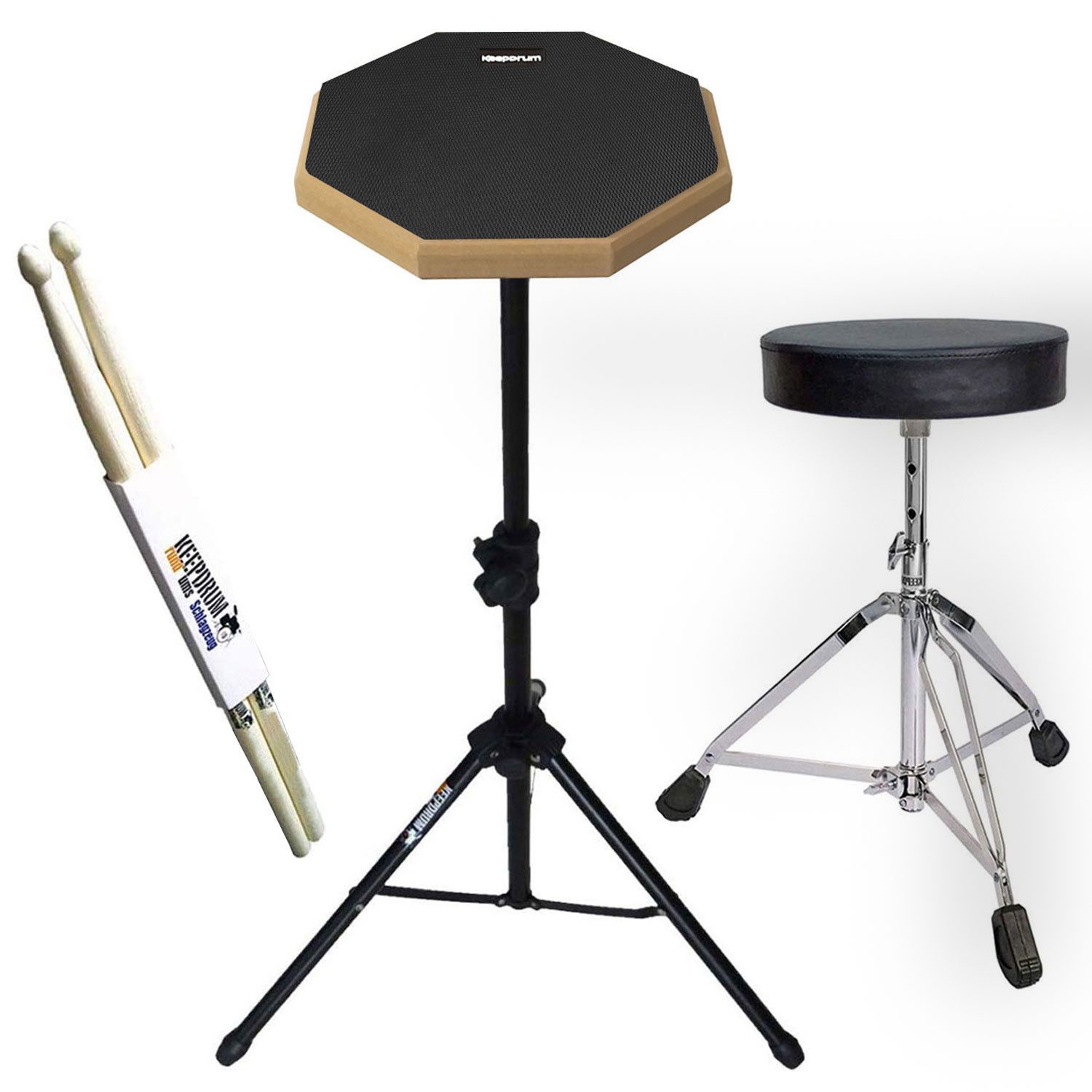 keepdrum Schlagzeug keepdrum Übungspad-Set DP-BK8 schwarz mit Stativ,Hocker,Drumsticks,Übungspad, Übungspad, Vorteils-Set mit Stativ Hocker und Drumsticks 1 Paar