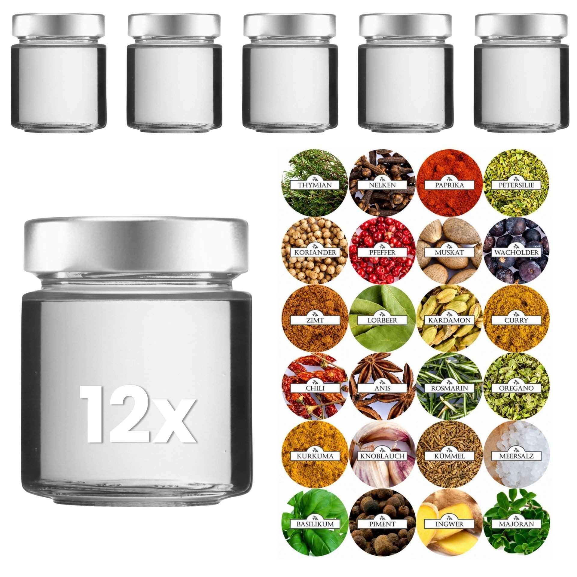 mikken Gewürzbehälter 12x Kräuterglas 154ml leeres Glas zum Befüllen mit Deckel, (12er Set), mit 24 Gewürzetiketten