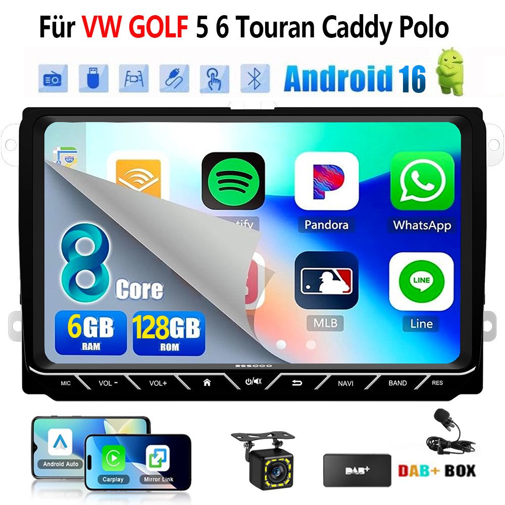 ESSGOO DAB+ Android16 6+128G Carplay GPS 4G Für VW GOLF 5 6 Touran Caddy Polo Autoradio (6GB+128GB, RDS, 4G LTE, FM, AM, DAB+ (optional), SWC, Carplay Android Auto Bluetooth EQ USB GPS Navi WIFI Touchscreen)
