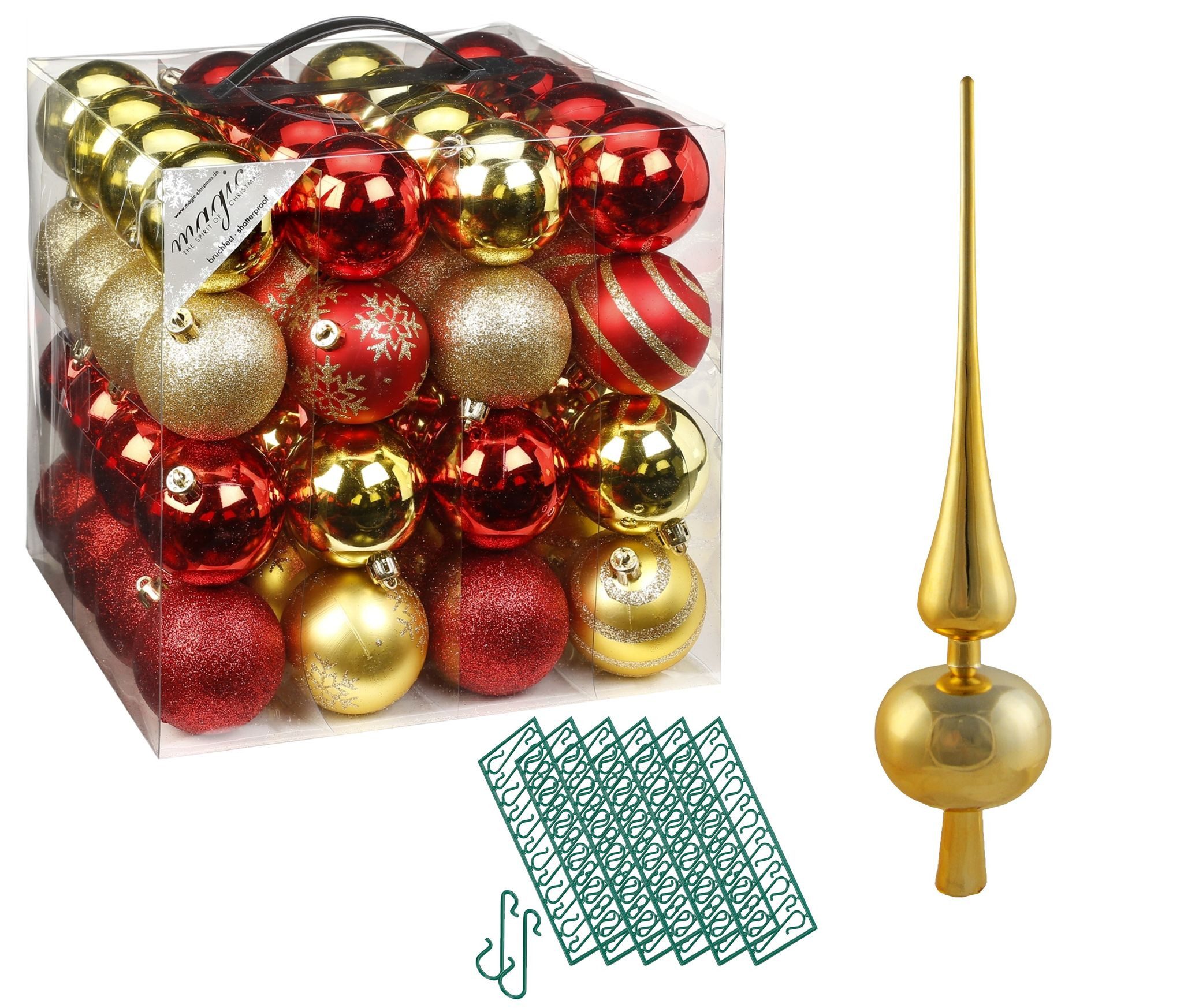 JACK Christbaumschmuck JACK 64x Kunststoff Christbaumkugeln Ø6cm + Spitze 28cm inkl Aufhänger, Kugeln: Rot-Gold, Spitze: Gold. Reduzierter Preis € 36,90. Unverbindliche Preisempfehlung € 49,95