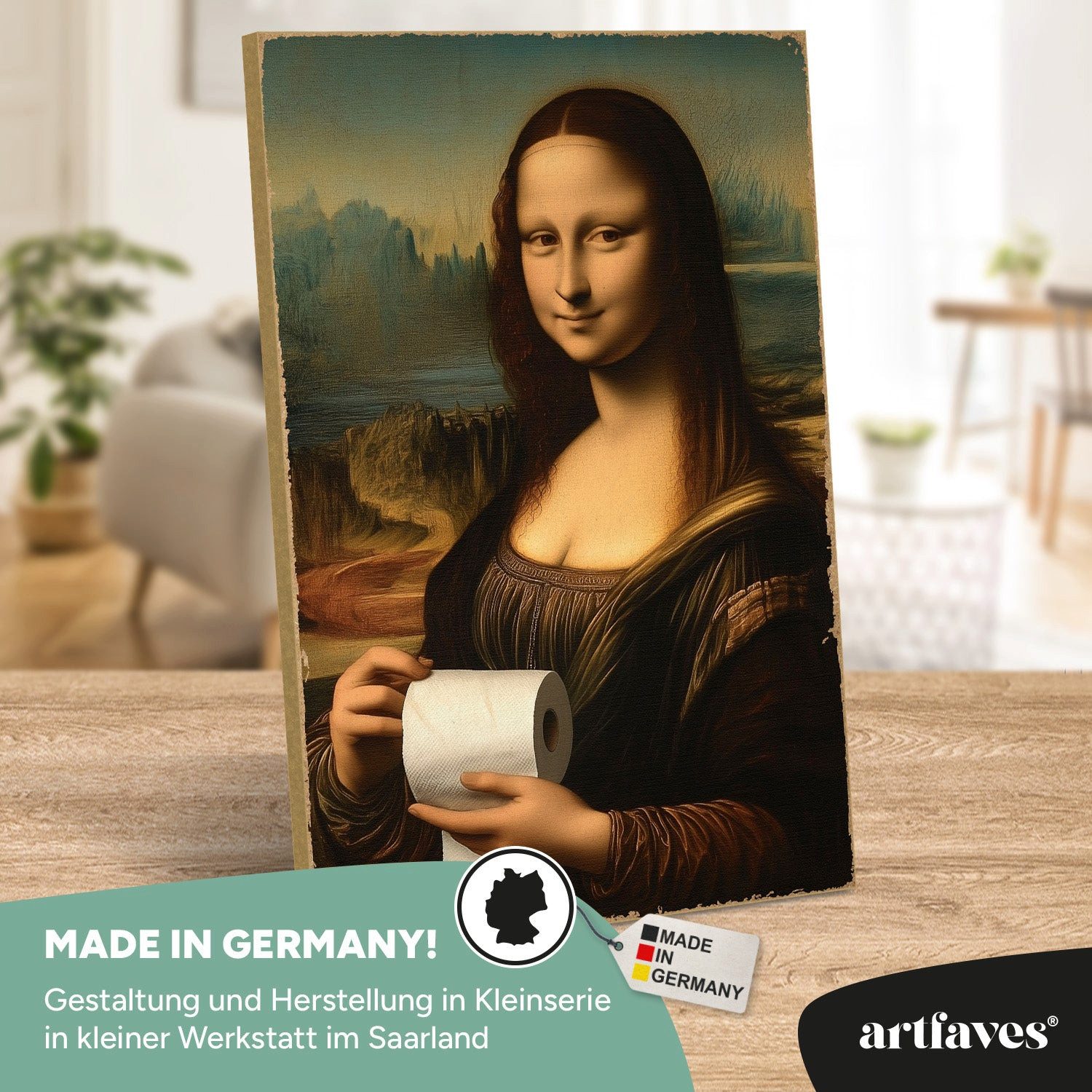 ARTFAVES Holzbild Schild mit Spruch - Mona Lisa Klopapier - Kunst, witzig günstig online kaufen