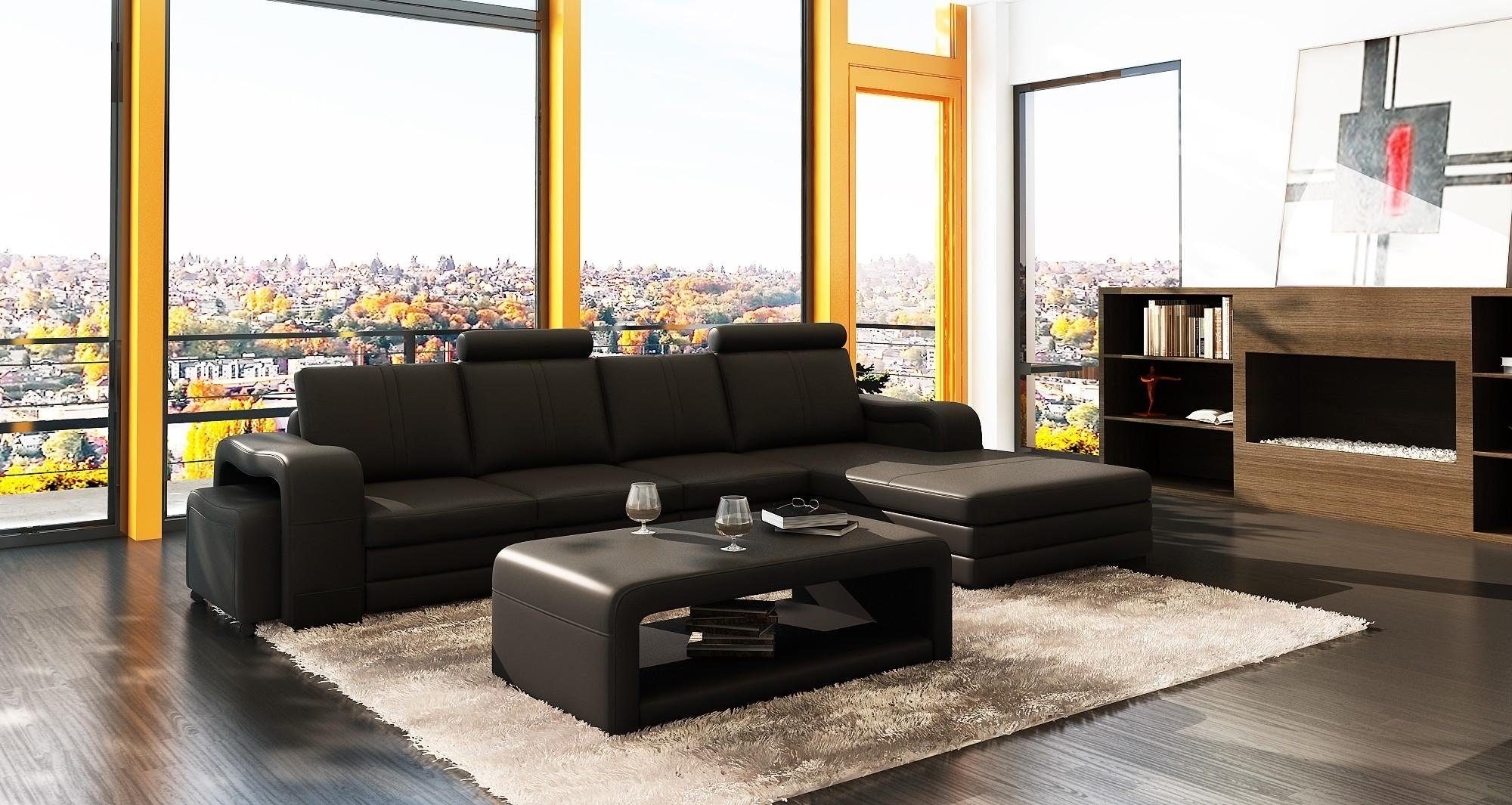 JVmoebel Wohnzimmer-Set Ecksofa Sofa 3tlg. Couch Tisch Hocker Leder Couchen Landschaft Schwarz