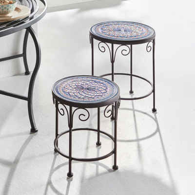 Home-trends24.de Beistelltisch Mosaik Beistelltisch Tisch Dunkelbraun Blau Garten Terrasse 2er Set (2-St., 2er Set)