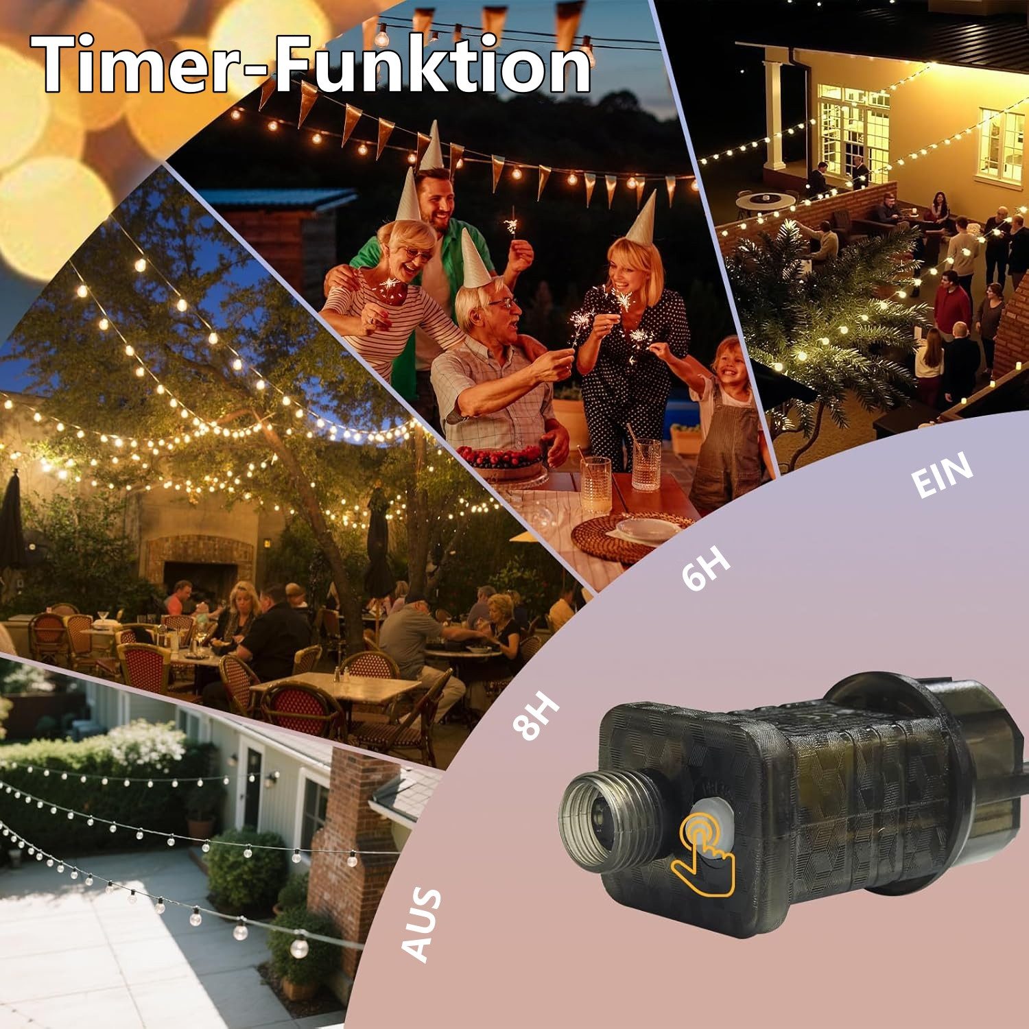 Elegear Lichterkette outdoor strom 9/18M LED lichterkette außen/indoor mit Timer, 8 Modi, gartenleuchten mit 15+2 G40 Glühbirnen für terrasse zaun wohnzimmer