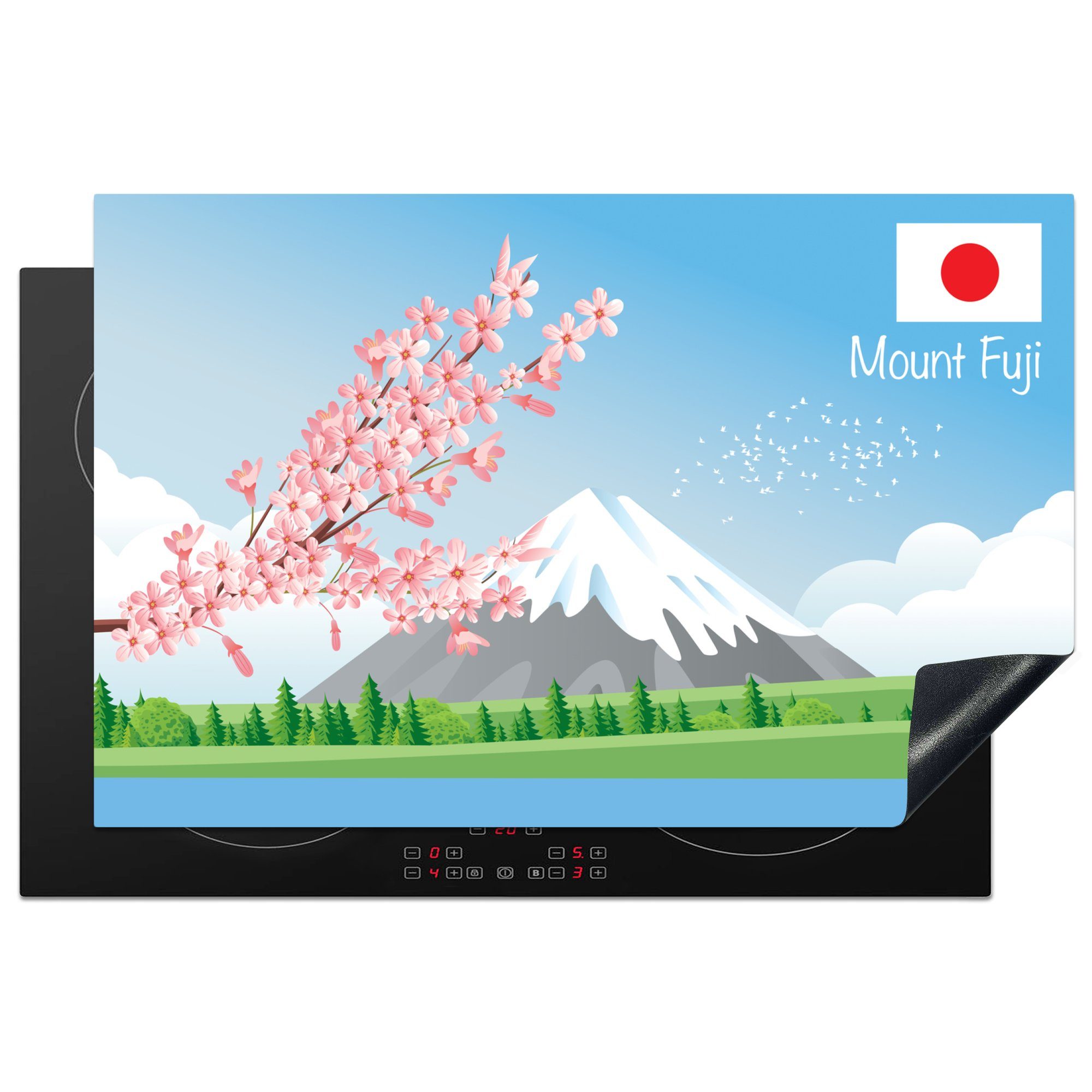 MuchoWow Herdblende-/Abdeckplatte Eine Illustration des Berges Fuji im Frühling, Vinyl, (1 tlg), 81x52 cm, Induktionskochfeld Schutz für die küche, Ceranfeldabdeckung