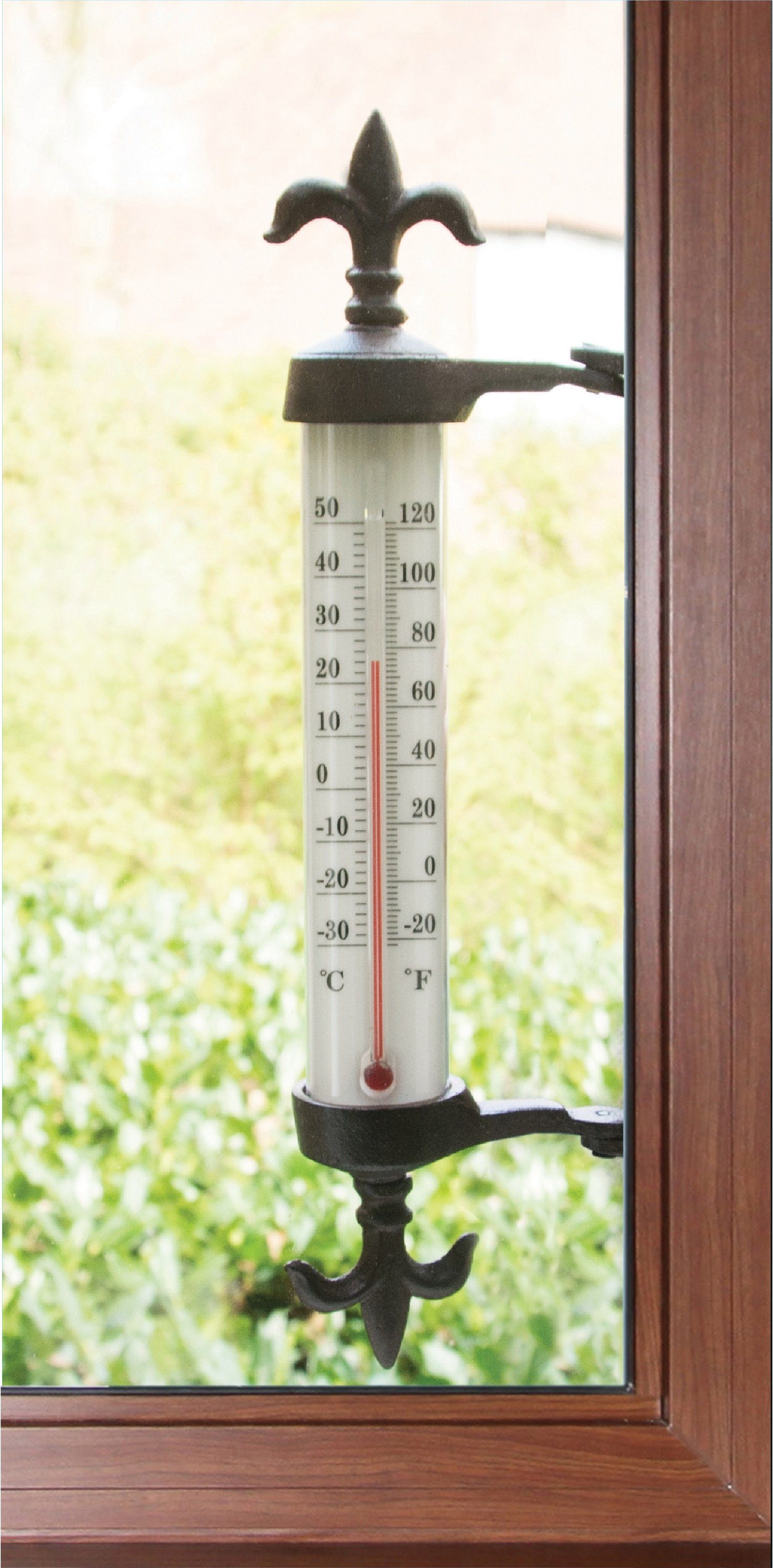 Fensterthermometer Fensterrahmen Thermometer aus Gusseisen, drehbar zum präzisen ablesen.