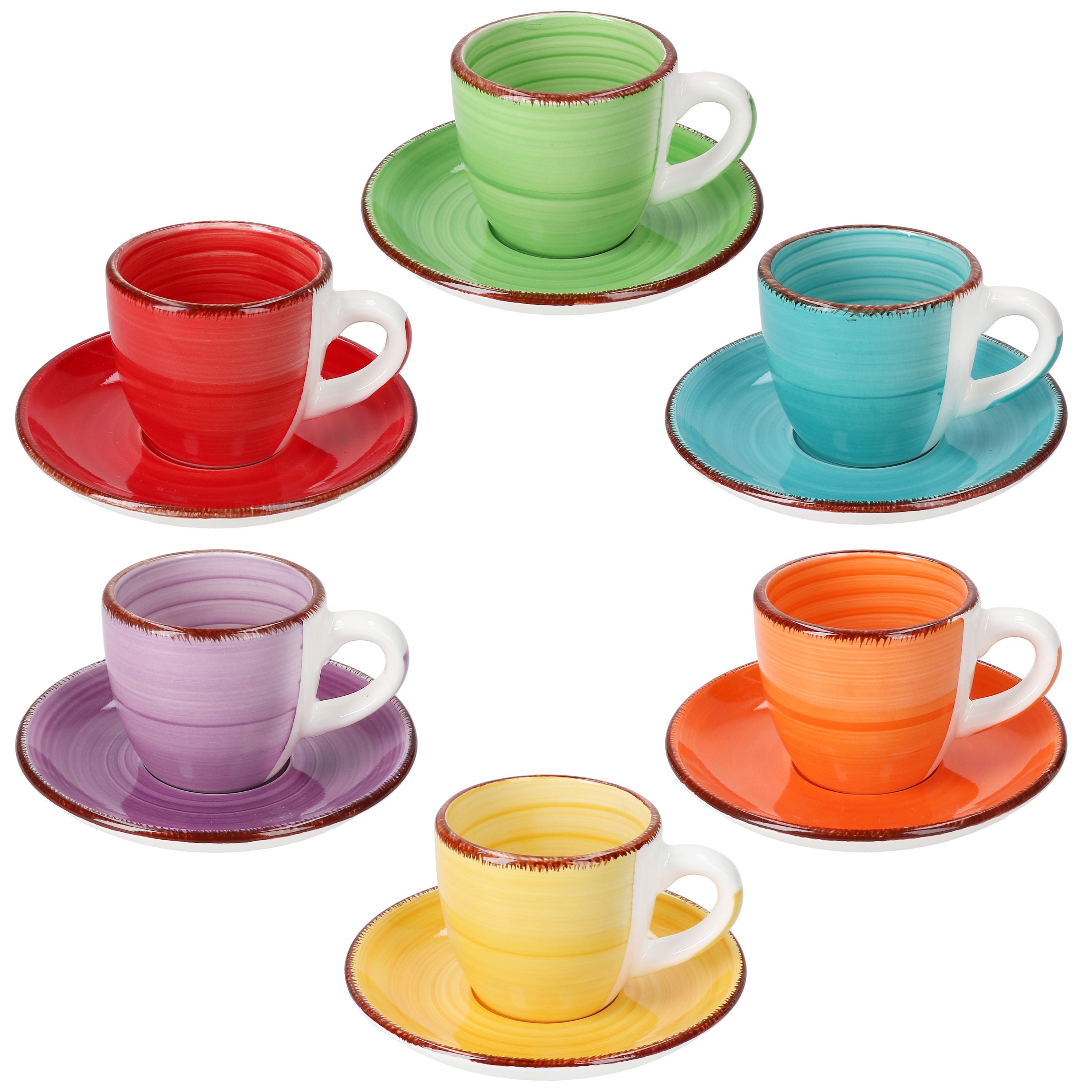 MamboCat Tasse 6er Set Uni bunt Espressotassen mit Untertassen bunt 80ml Steingut, Steingut