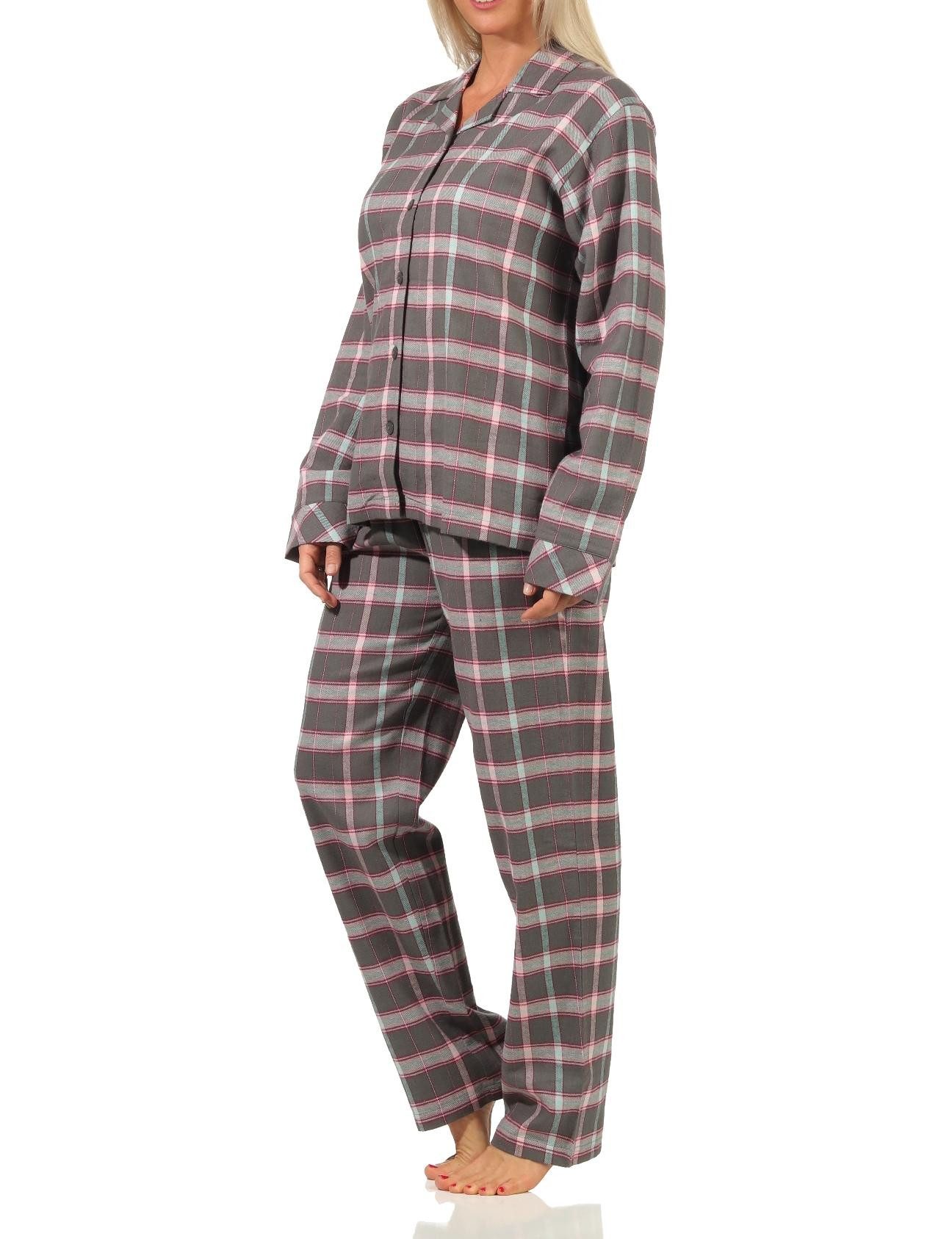 Creative by Normann Pyjama Damen Flanell Schlafanzug kariert mit Knopfleiste und Hemdkragen