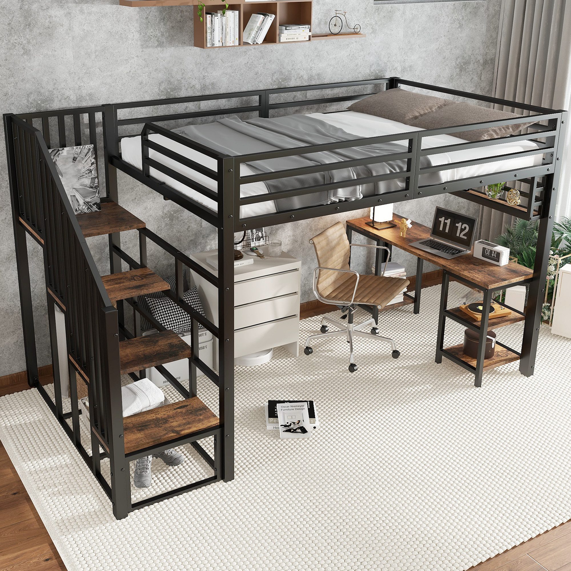 Odikalo Hochbett Metallbett 120x200 mit Schreibtisch und Stauraum (Eisenbett, Hochbett, Treppen mit Handläufen, Mit Schreibtisch und Aufbewahrungsregal, Stabile Lattenroste, Eisen + Spanplatte, Schwarz+dunkl, 120x200cm)