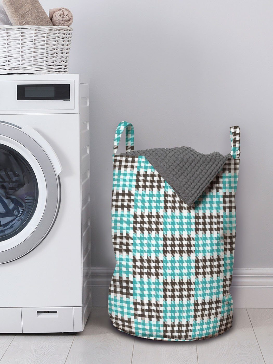 Griffen Kordelzugverschluss mit Waschsalons, Checkered Retro für Plaid Abakuhaus Wäschekorb Bicolor Wäschesäckchen
