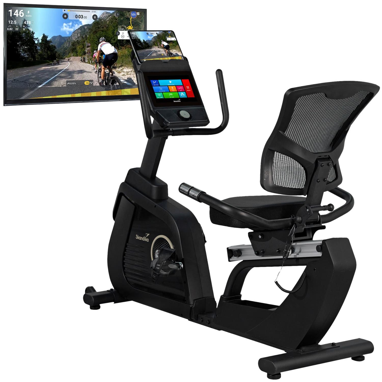 Skandika Liege-Heimtrainer Cykling P14 Comfort Touchscreen, Multimedia Computer, Transportrollen, bis 150 kg und 190 cm, App-Verbindung, Kinomap, Tablet Halterung
