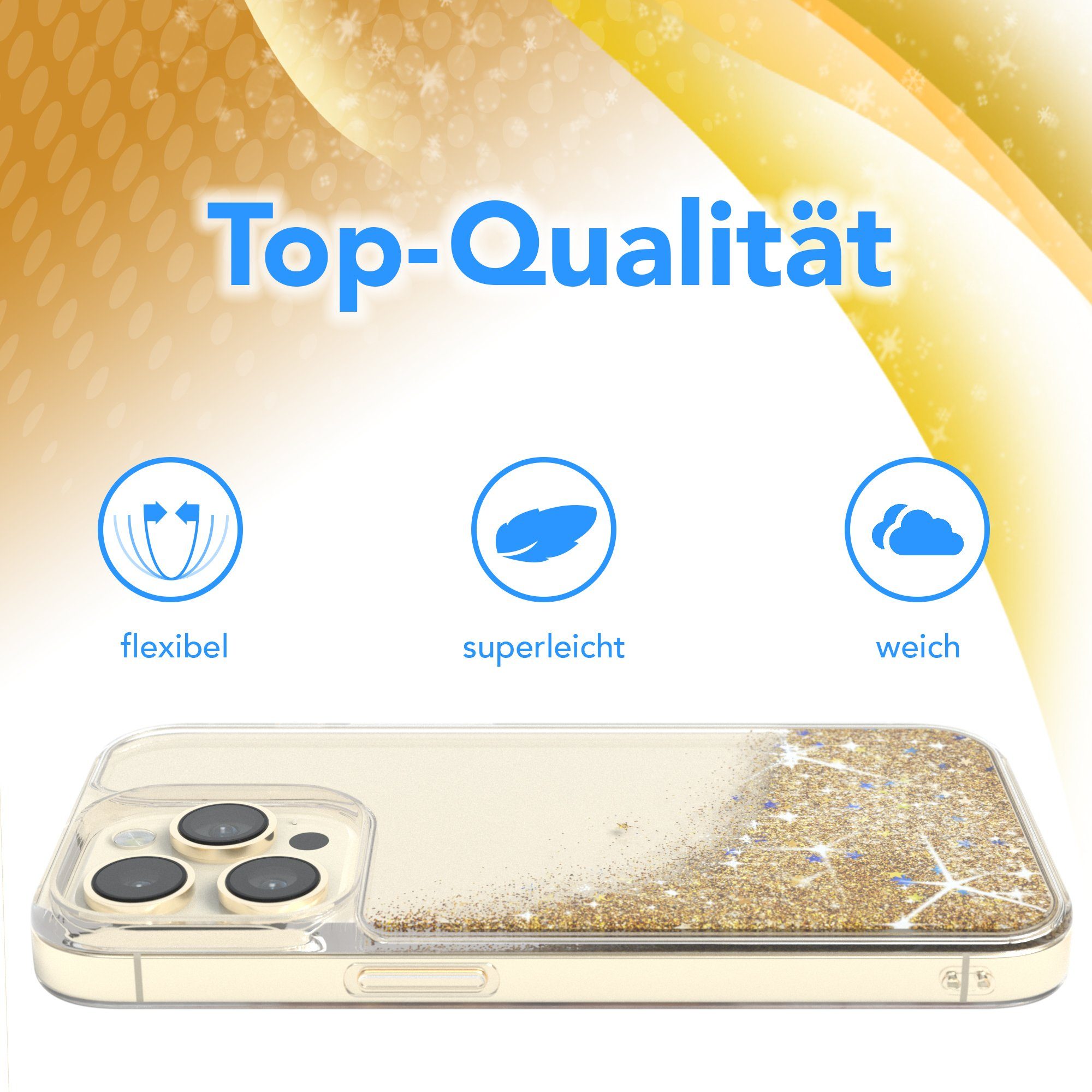 EAZY CASE Handyhülle Liquid Glittery Case für Apple iPhone 14 Pro 6,1 Zoll, Durchsichtig Back Case Handy Softcase Silikonhülle Glitzer Cover Gold