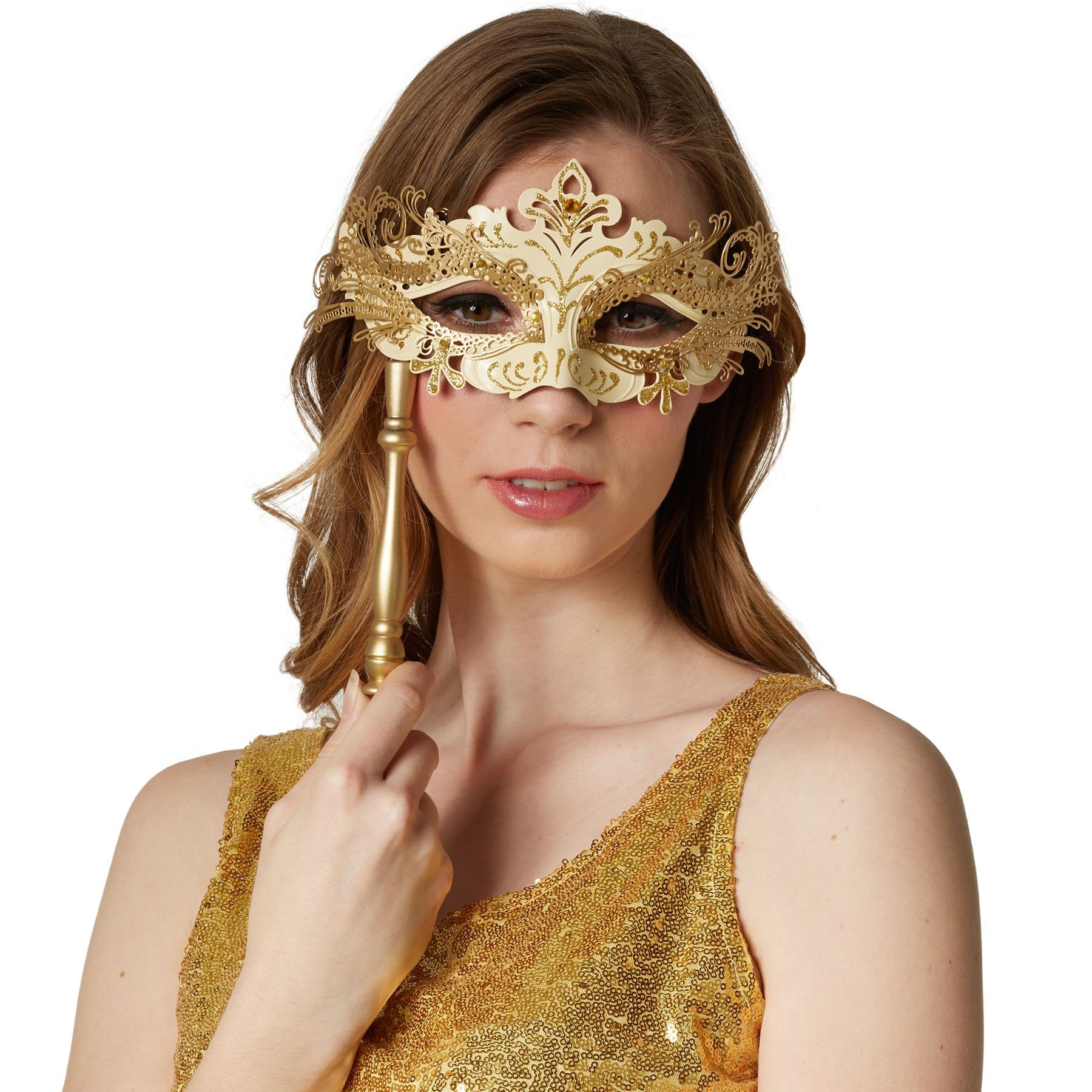 dressforfun Kostüm Faschingskleidung, auch Maskeradenverkleidung, in gold, Ca. 30 cm, Elegante Stabmaske in Einheitsgröße, Ca. 90 g, Ca. 20,5 x 10,5 cm