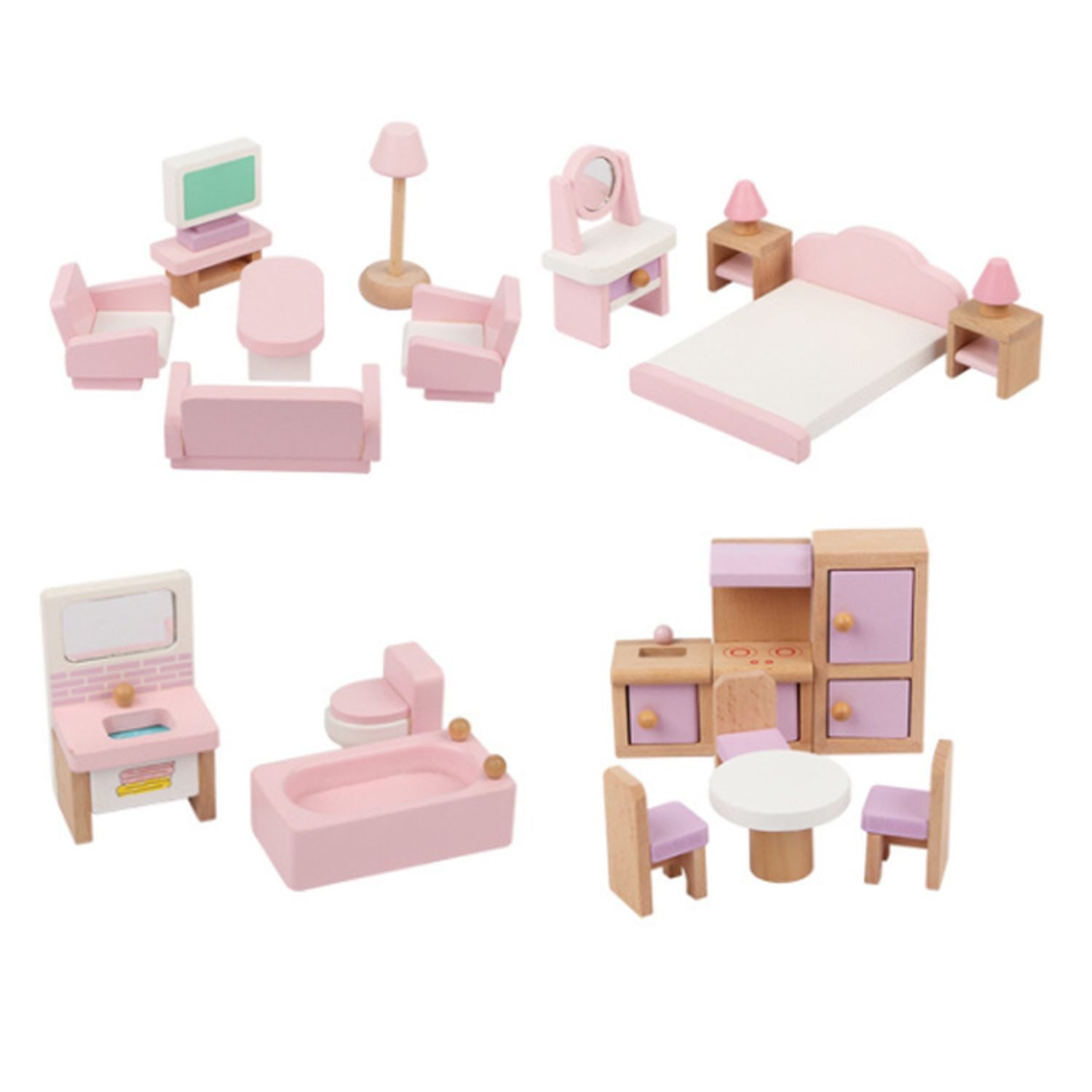 Coemo Puppenhaus SANDY, (möbliertes Puppenhaus Holz, 24-tlg), Puppenhaus Puppenstube aus Holz, komplett mit Möbel und Zubehör