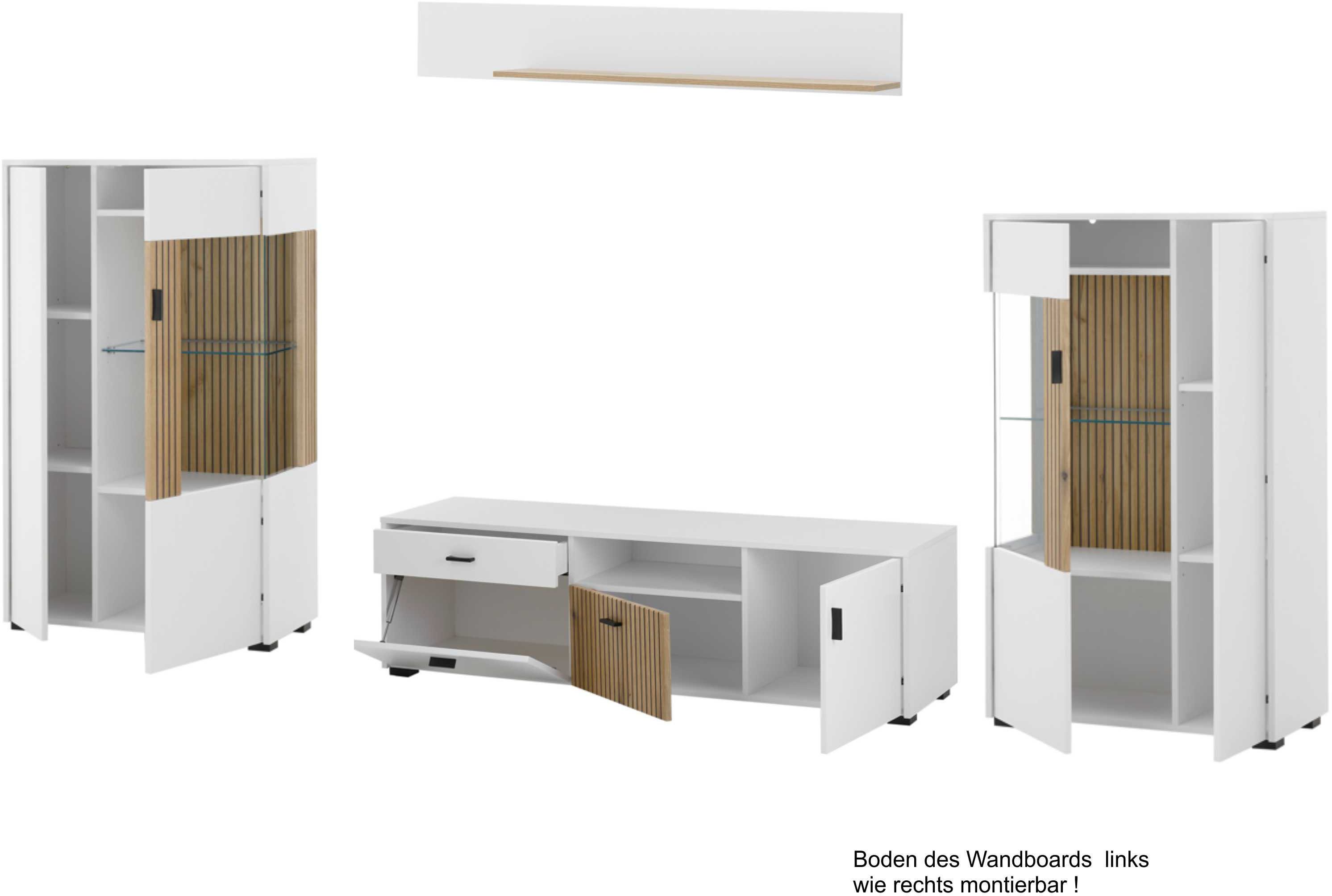 Home affaire Wohnwand Hudson, moderne Anbauwand, Wohnzimmer-Set, Komplettset, (Set, 4-St), mit moderner Rillenoptik, Griffe aus Metall (Schwarz), Breite 320 cm