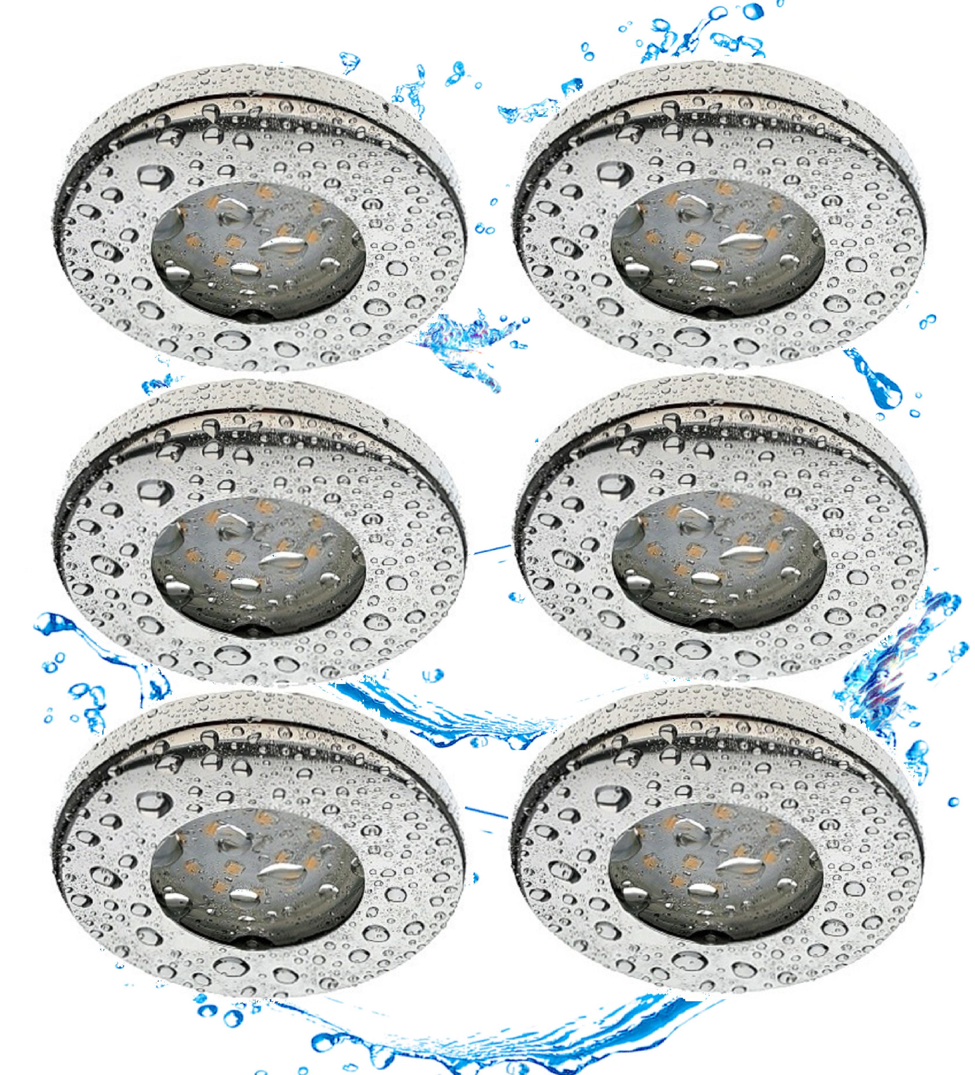 TRANGO LED Einbauleuchte, 6er Set 6729IP-068-5WAK IP44 Einbaustrahler Edelstahl Chrom inkl. 6x 5 Watt GU10 LED Leuchtmittel 3000K warmweiß & GU10 Fassung, Außen, Einbauleuchte, Badleuchte, Deckenleuchte, Deckenstrahler
