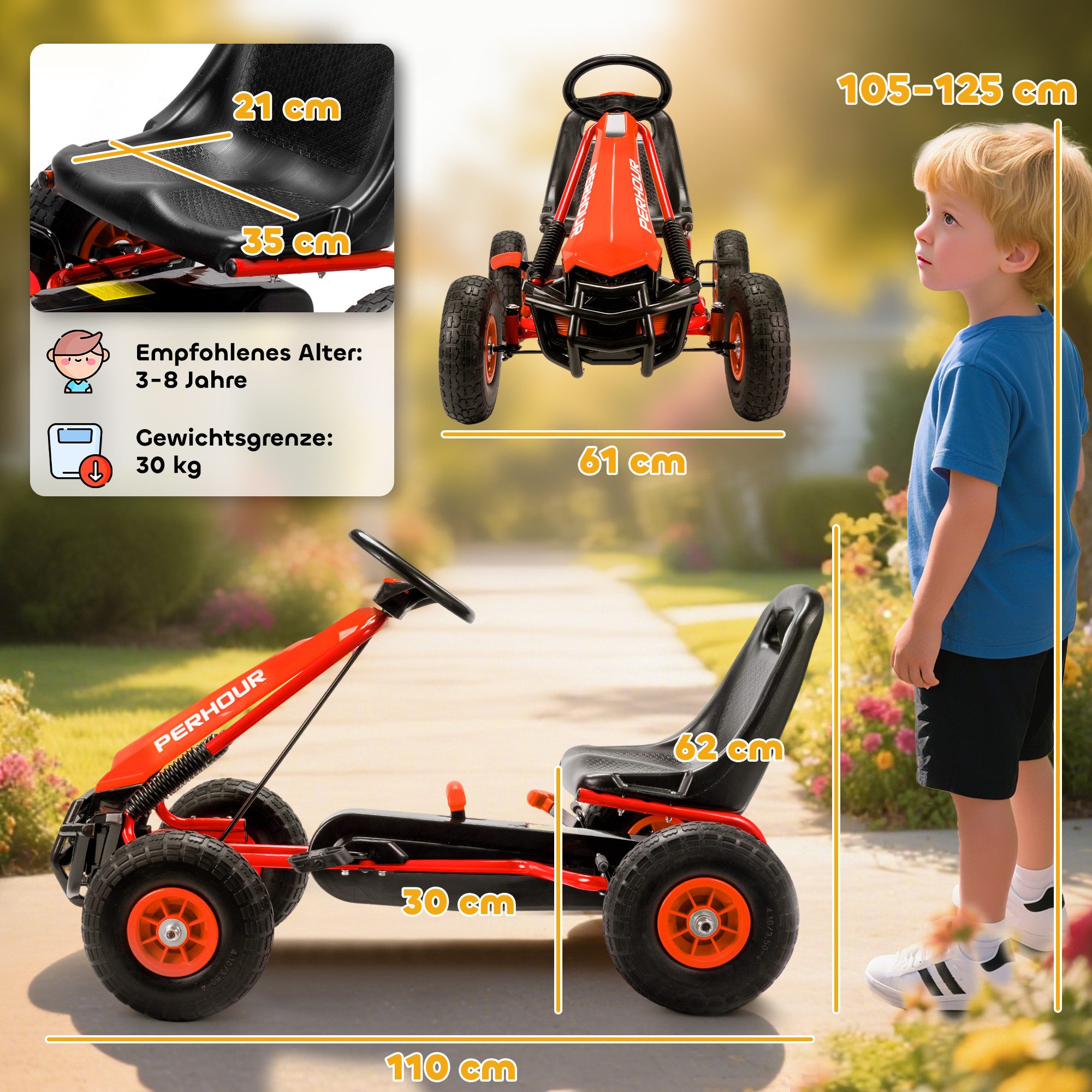 AIYAPLAY Go-Kart Tretauto mit Handbremse, verstellbarem Sitz, Pedalantrieb, für Kinder 3-8 Jahren, Rot – Bild 3 von 5