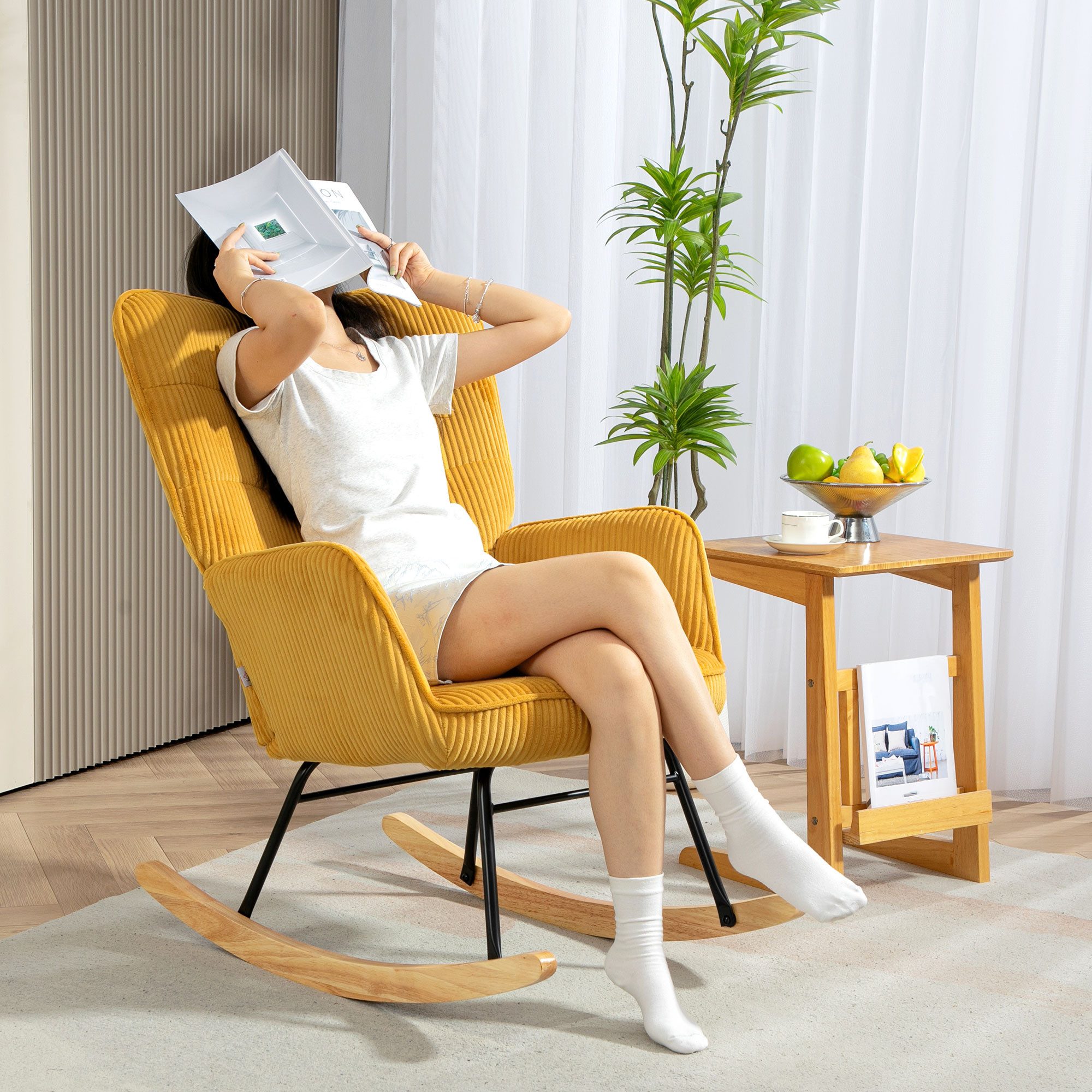 HOMCOM Schaukelstuhl Sessel mit Kord-Optik, Armlehne, Holzkufen (Schaukelse günstig online kaufen