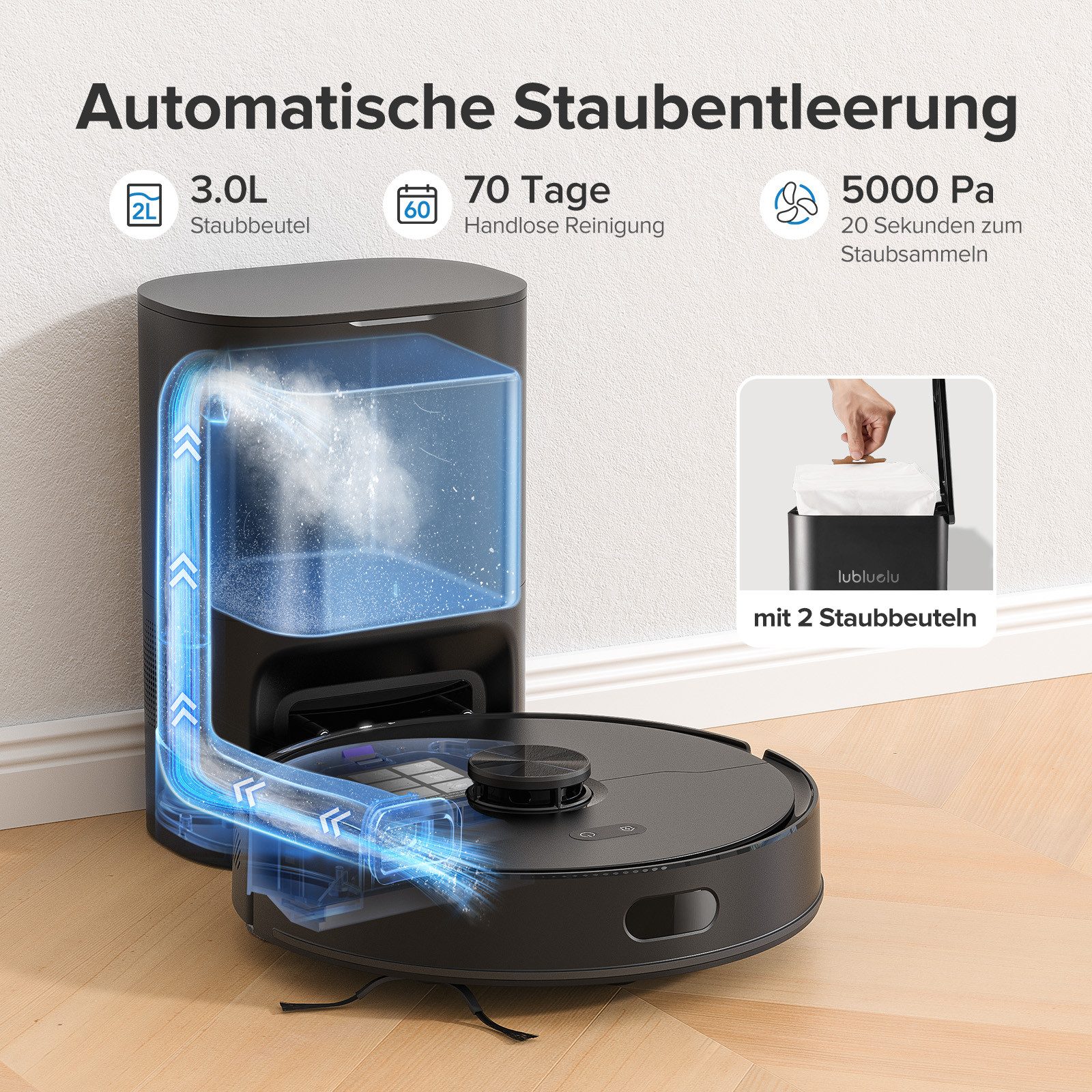 lubluelu Nass-Trocken-Saugroboter L15 Max mit Wischfunktion Staubsauger Roboter mit 3L Absaugstation, 45 W, mit Beutel, 70 Tage freihändiges Reinigen,Automatische Staubauffang/Aufladen