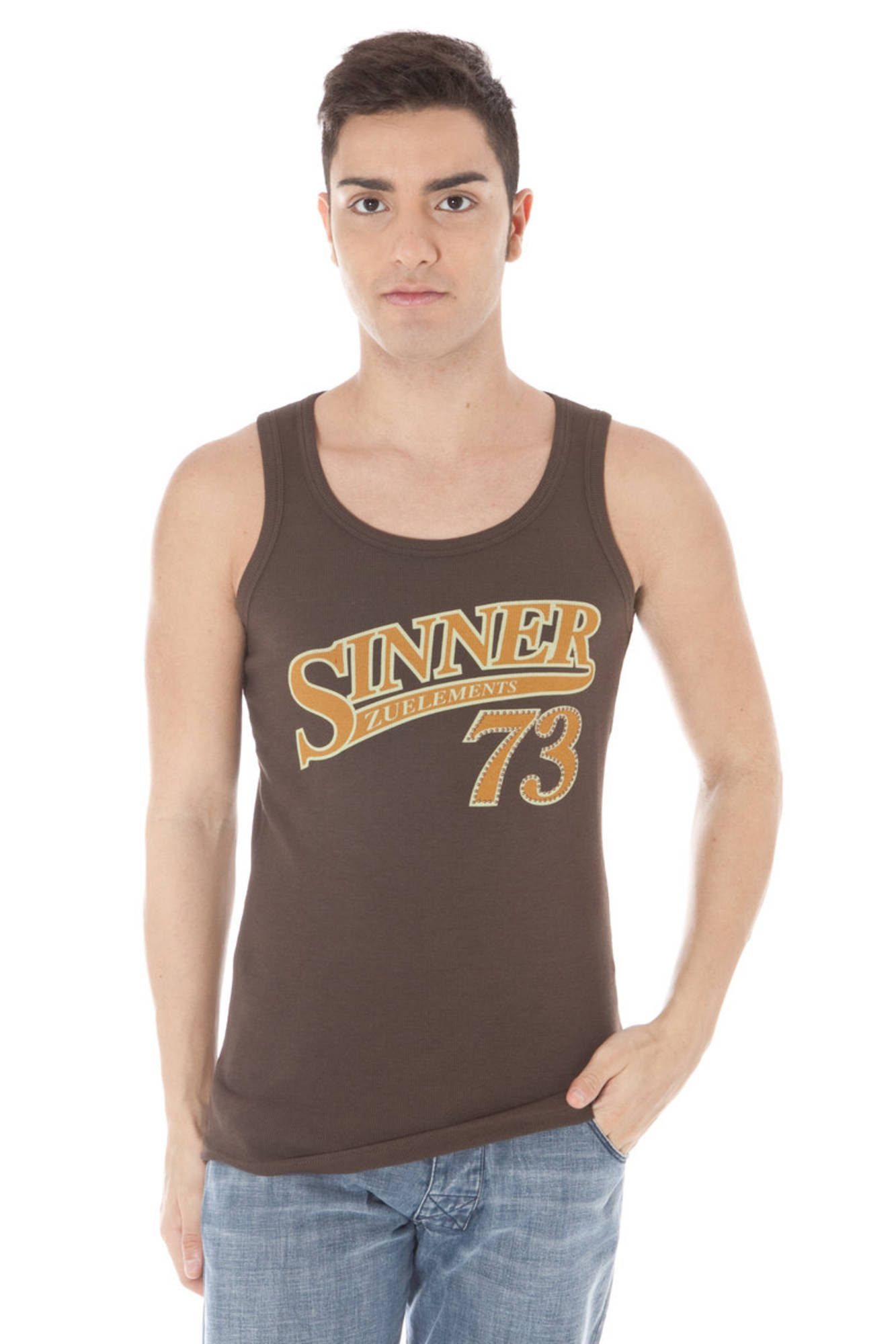 Zuelements T-Shirt Herren-Tanktop Braun mit Frontdruck und schmalen