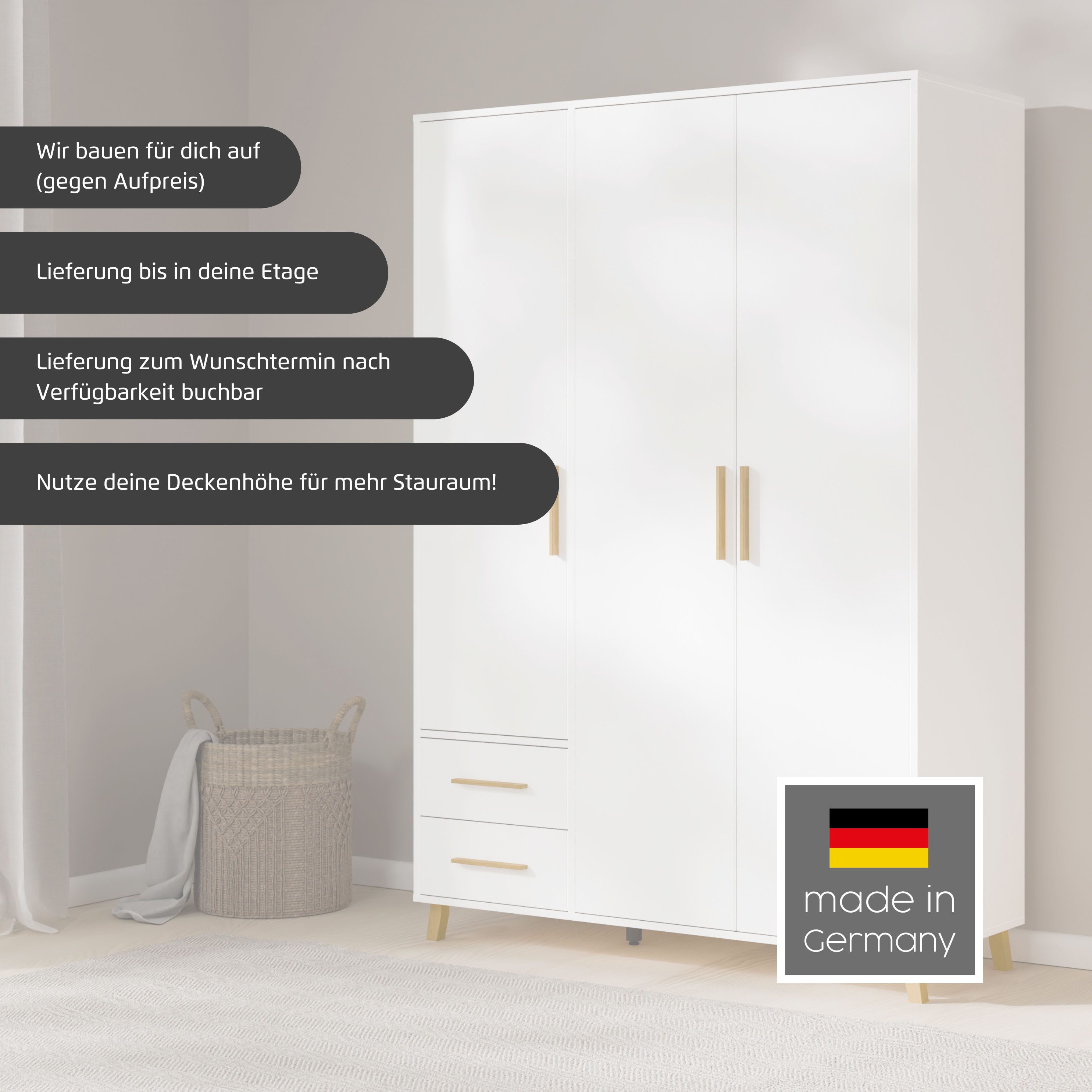 rauch Drehtürenschrank Kleiderschrank Schrank Garderobe SHINJO Breiten 93/140/187 cm (in 3 verschiedenen Ausstattungen BASIC/CLASSIC/PREMIUM) Griffe und Füße aus Massivholz, viel Stauraum MADE IN GERMANY