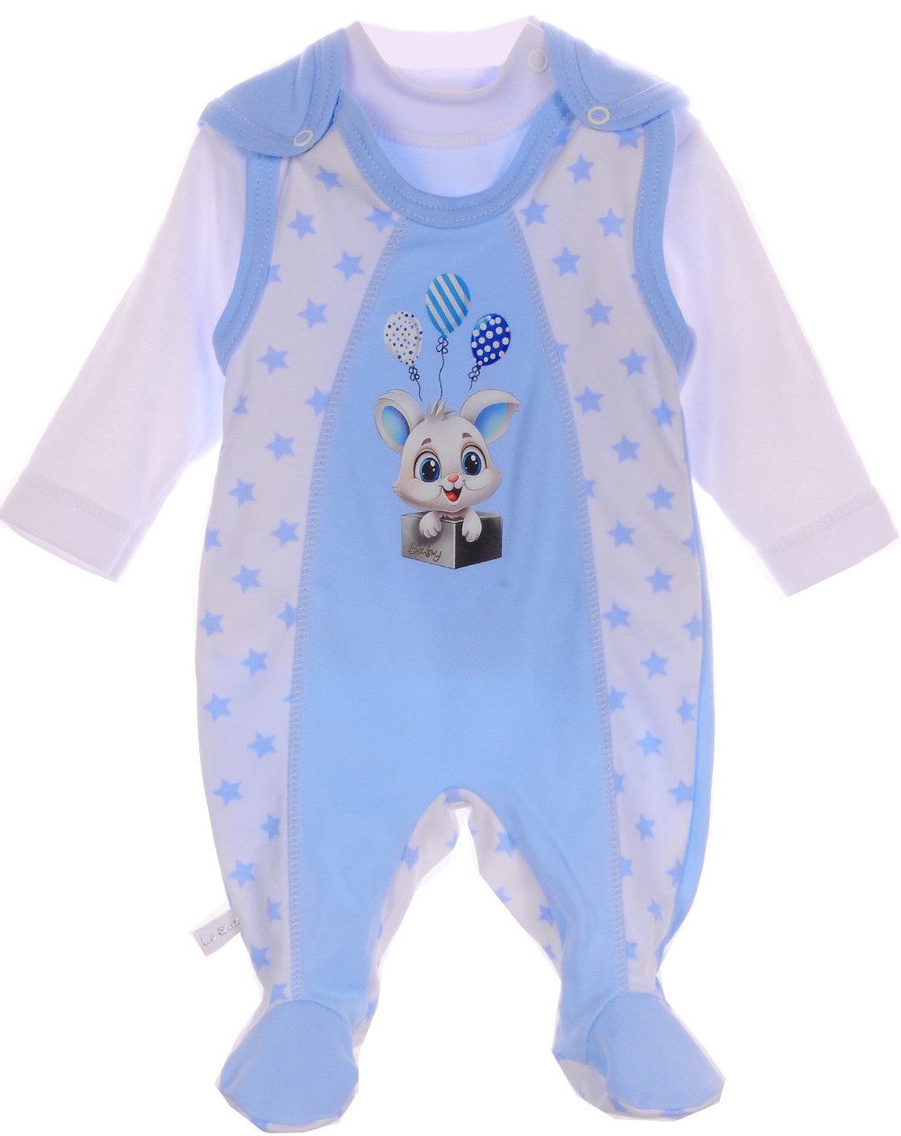 La Bortini Strampler Baby Anzug Stramplerhose Hemdchen in Blau mit Hasen aus reiner Baumwolle, 44 50 56 62 68 74