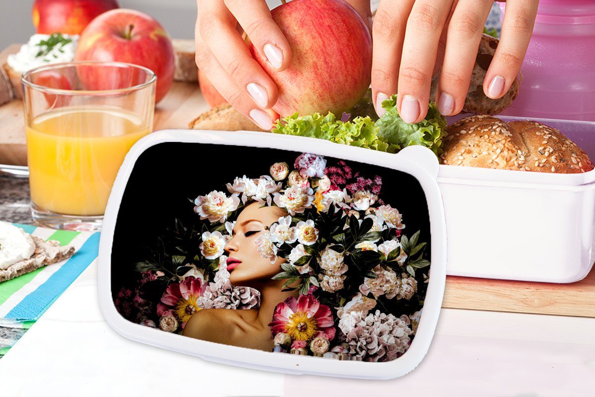 Porträt, Brotbox für Erwachsene, Blumen Brotdose, - weiß Jungs und Rosen Kunststoff, für und Kinder MuchoWow Lunchbox - - Mädchen Frauen (2-tlg),
