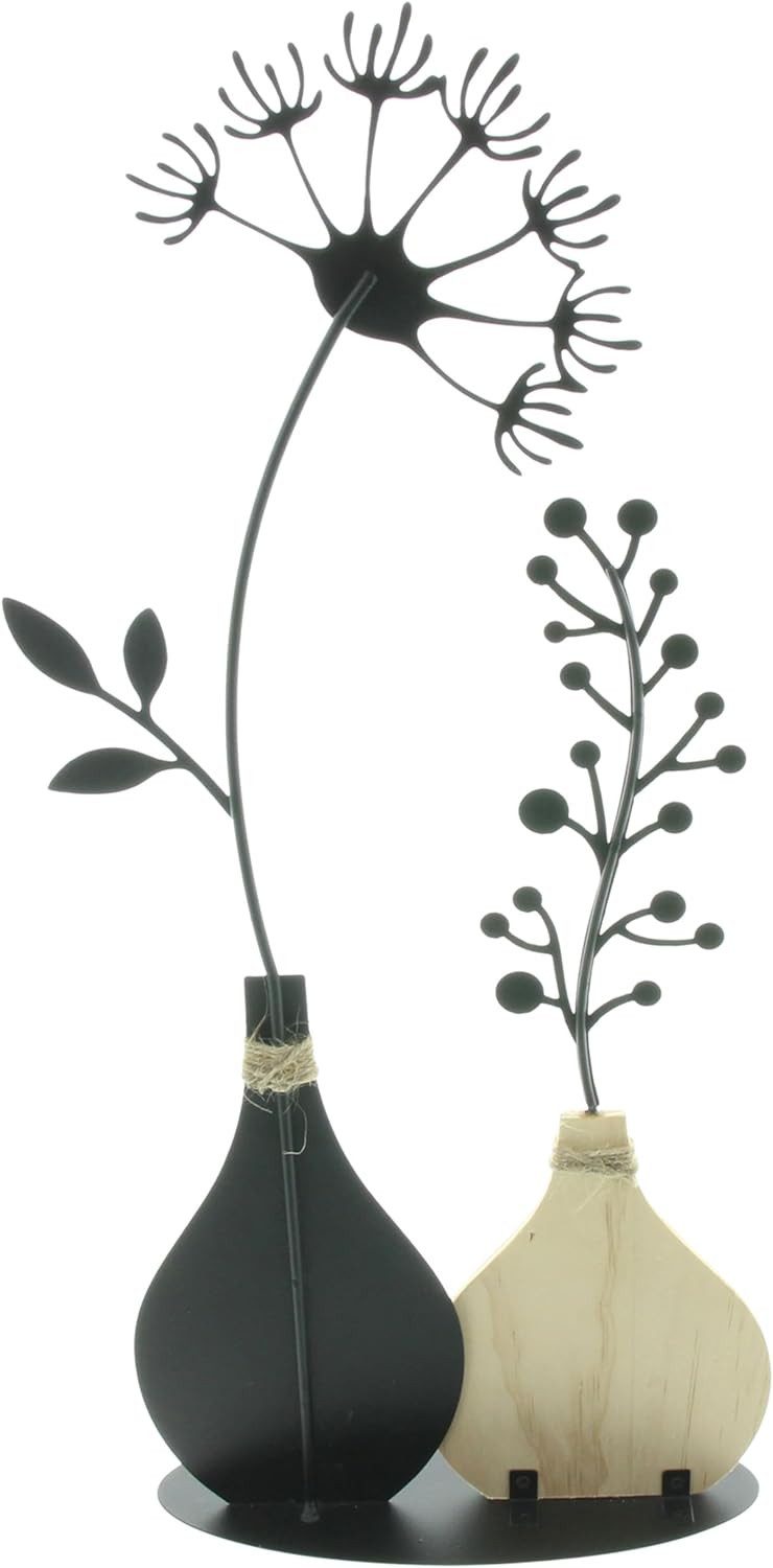 Dekoleidenschaft Dekoobjekt "Vasen" aus Metall, schwarz & Holz, 49 cm hoch, Tischdeko, Dekofigur, Metalldeko, Wohnzimmer Dekoration, Vase