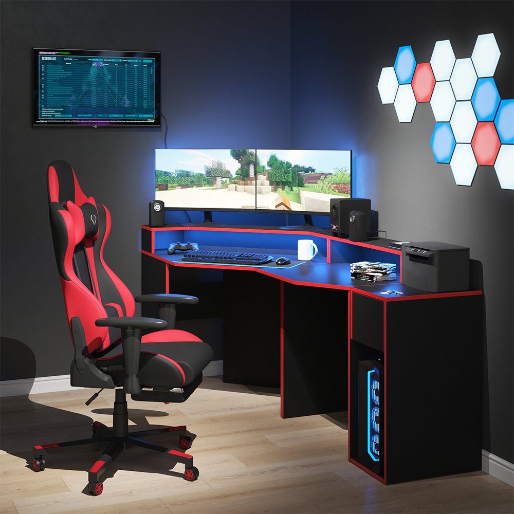 Vicco Gamingtisch Gaming Desk- Set Schreibtisch Gamertisch Kron Schwarz Rot Set 6