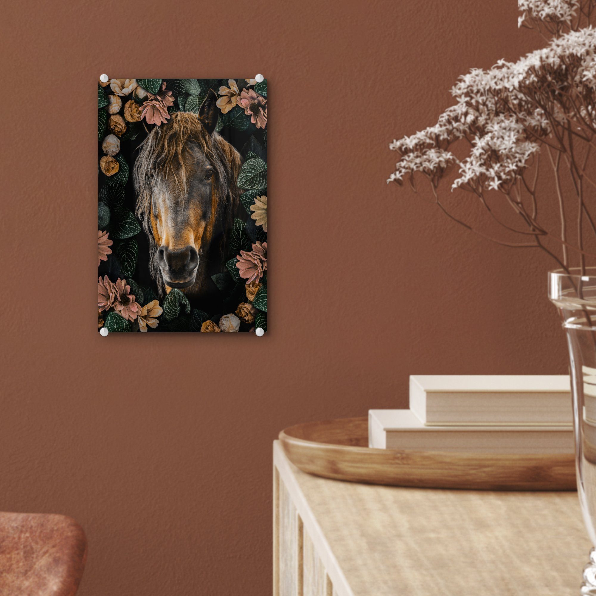 Foto Wandbild - auf - - Blätter, Glasbilder St), Acrylglasbild - MuchoWow Pferd Blumen bunt Glas Wanddekoration - Bilder Glas auf (1