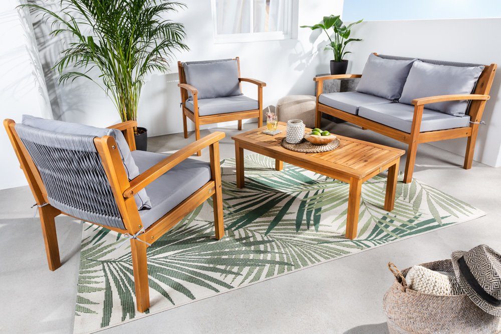 riess-ambiente Sitzgruppe Tisch Bank LOUNGE natur · (Set, 4-tlg), Garten Balkon BALI grau, · · · Stühle 