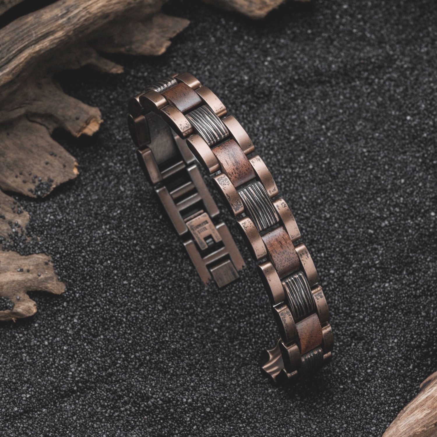 Holzkern Gliederarmband für Edelstahl mit Holz Marked Walnuss/Kupferfarben