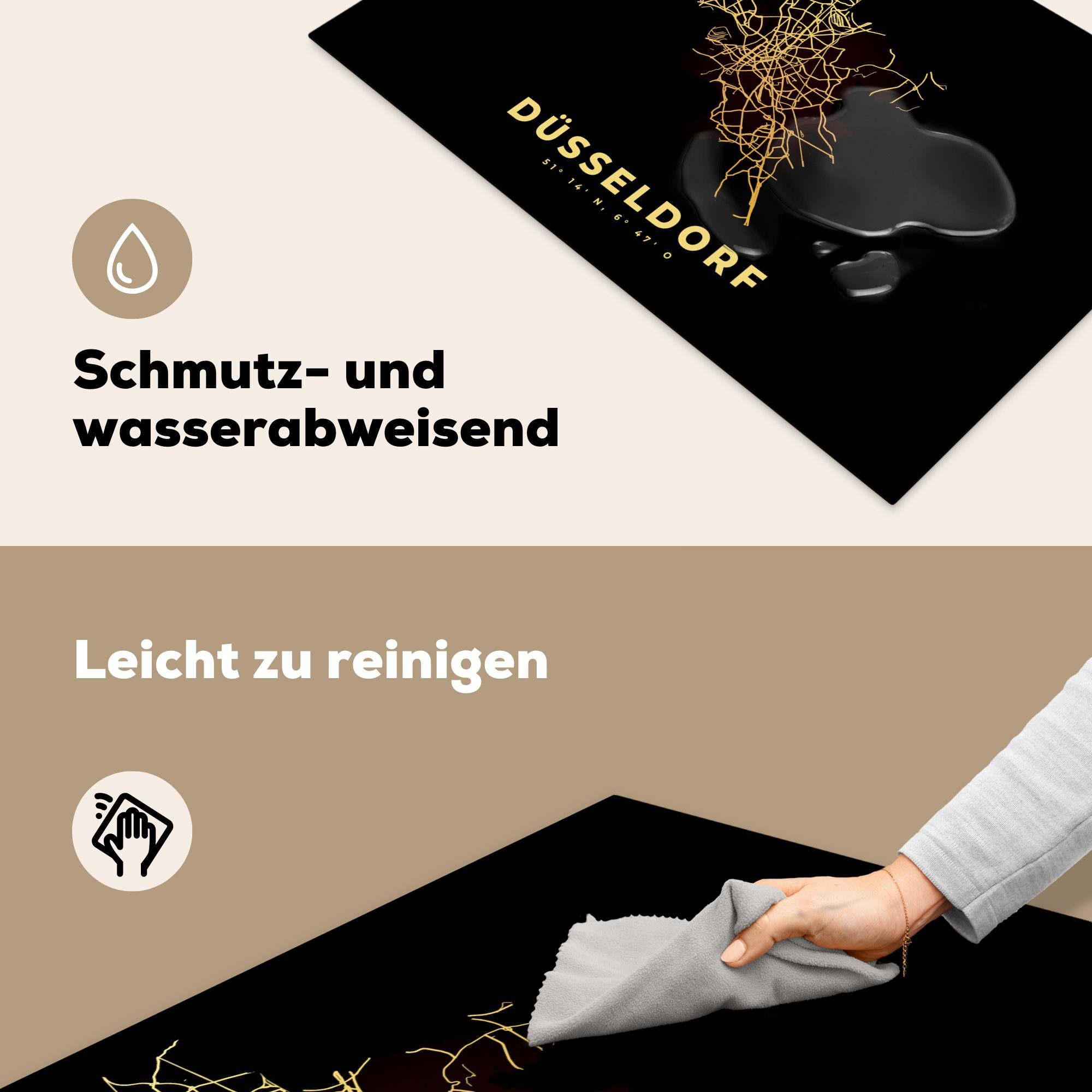 - Herdblende-/Abdeckplatte die - küche, Vinyl, - für Karte Gold - Stadtplan Düsseldorf MuchoWow Induktionskochfeld (1 cm, Wegbeschreibung, Ceranfeldabdeckung 81x52 tlg), Schutz