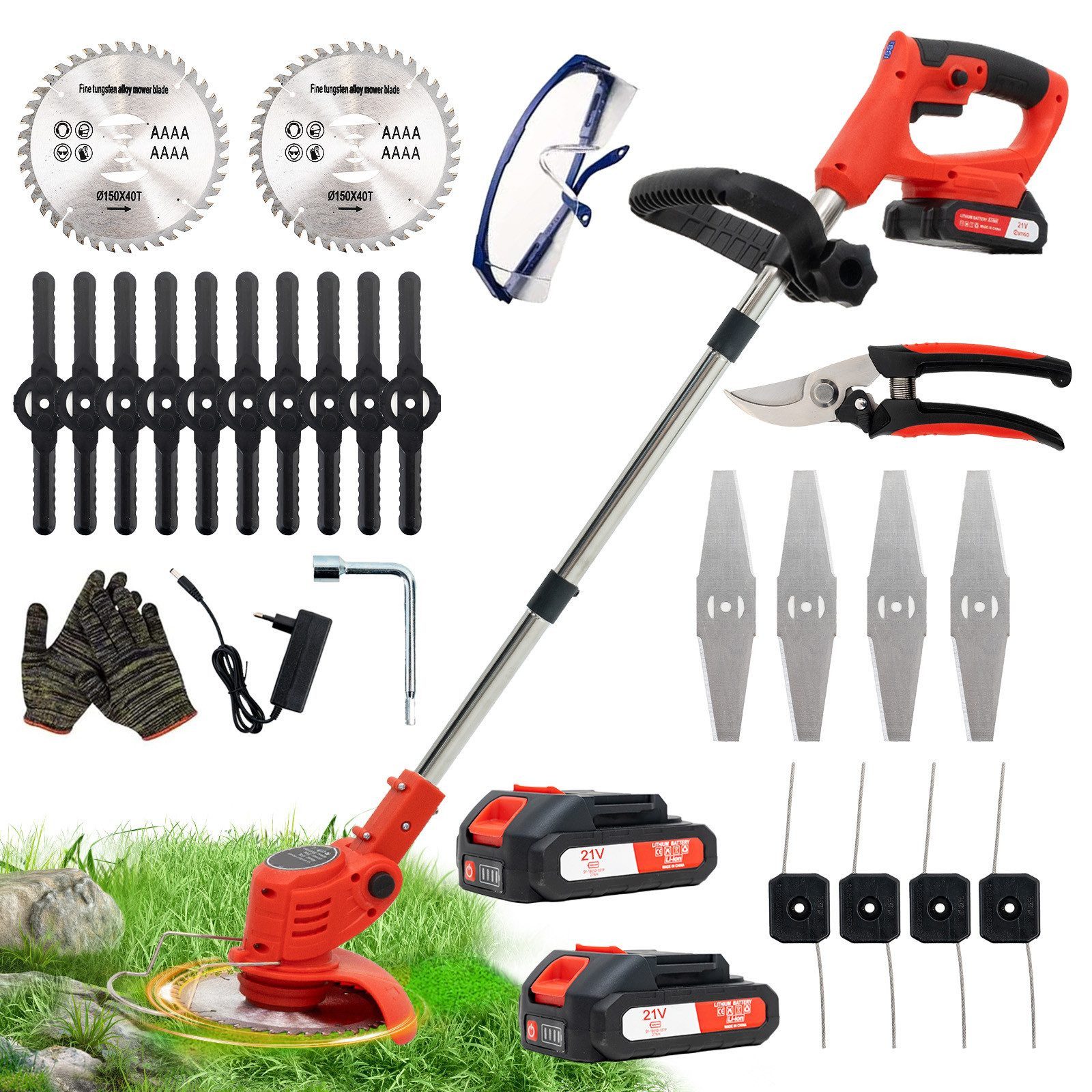 OUTIGO Akkurasenmäher Akku-Rasentrimmer, 2 Akkus und 4 Messertypen, Zwei 21-V-Batterien, vier Messer, dreifach klappbarer Rasenmäher.