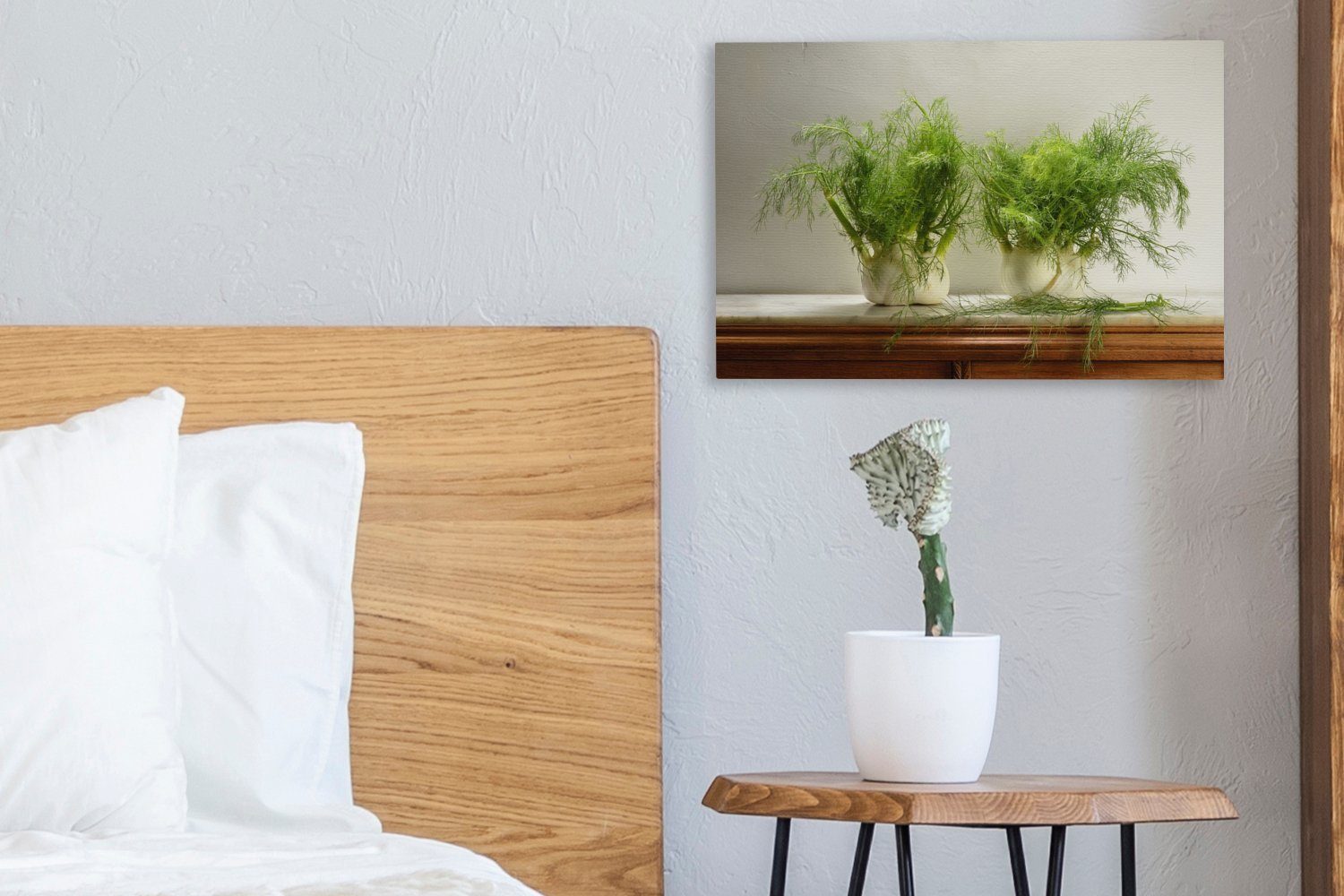 Wanddeko, (1 cm St), Aufhängefertig, Rustikaler 30x20 Leinwandbilder, mit Fenchelpflanzen, Holzschrank OneMillionCanvasses® Leinwandbild Wandbild