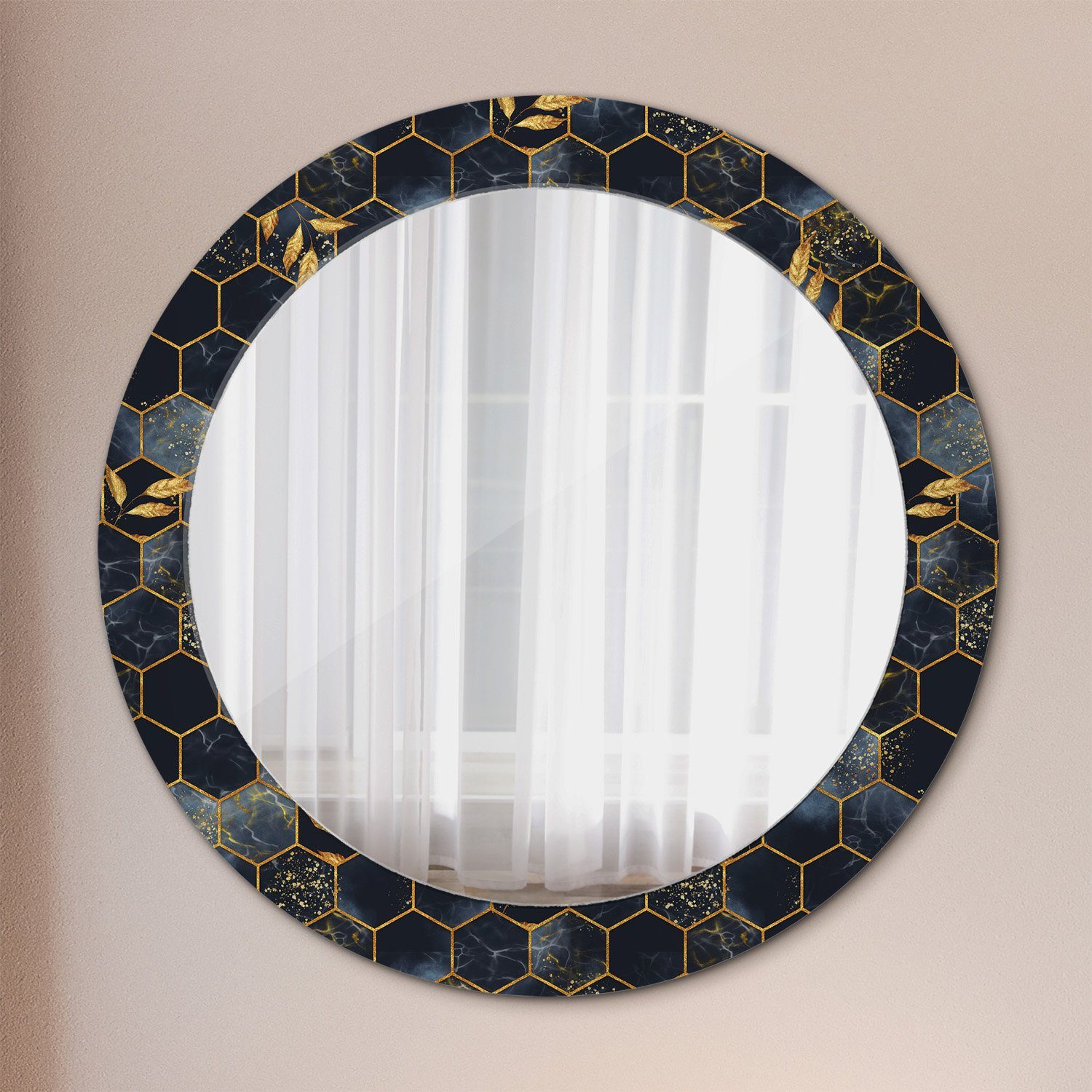 Tulup Dekospiegel mit Aufdruck Badezimmerspiegel Wandspiegel Rundspiegel Rund: Ø70 cm, Wohnzimmer Spiegel Marmor Sechseck