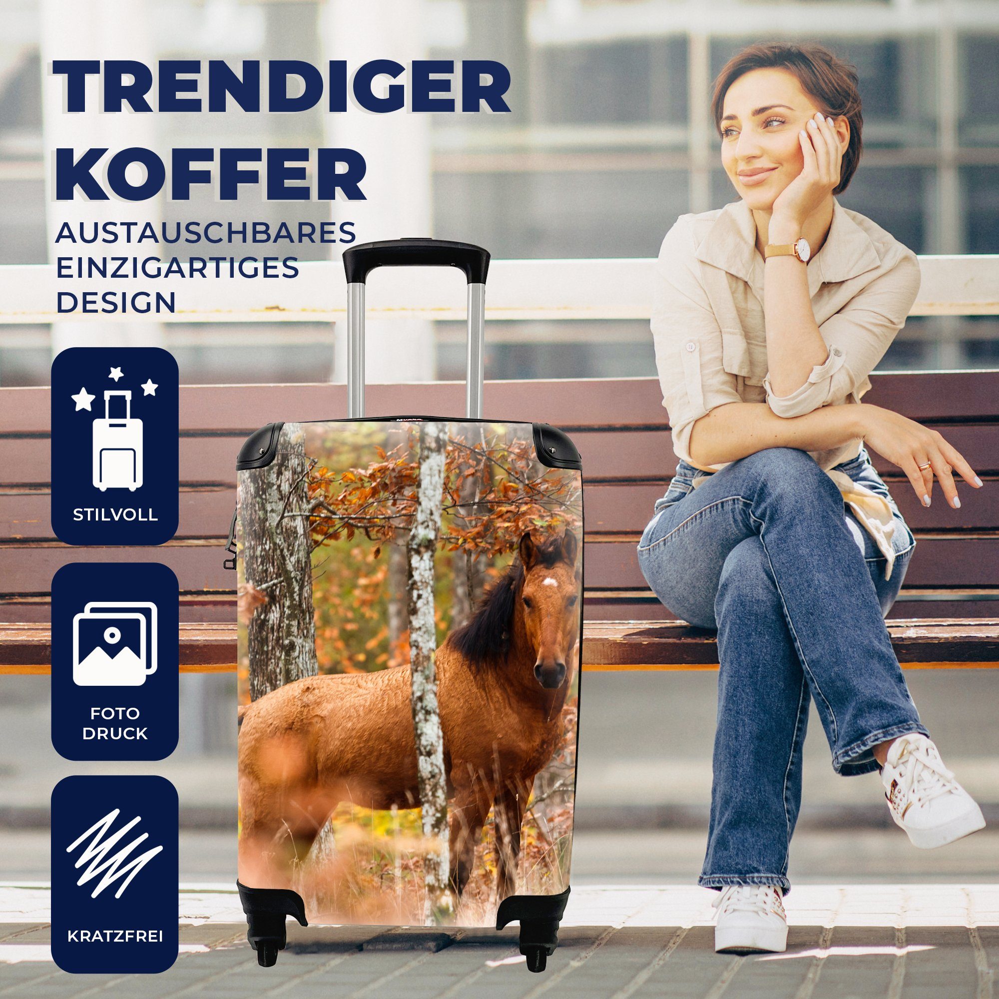 Rollen, Trolley, für 4 - Ferien, Pferd - Reisetasche Reisekoffer Handgepäck Braun, Wald Handgepäckkoffer rollen, mit MuchoWow