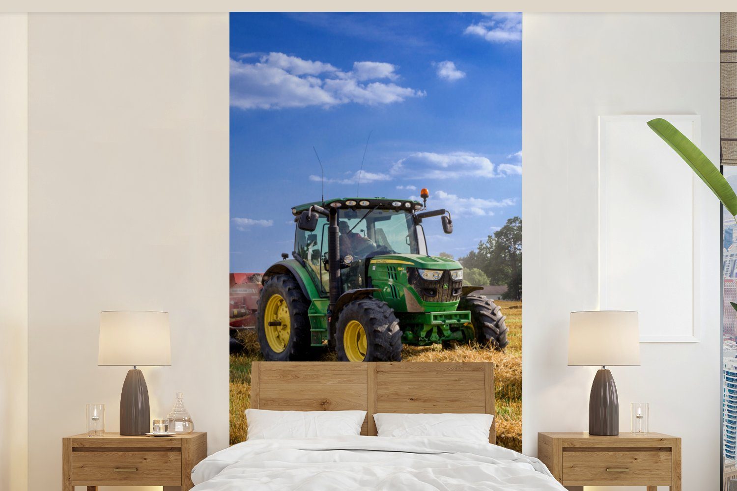 MuchoWow Fototapete Traktor - Bauernhof - Heu - Feld - Sonne - Landleben, Matt, bedruckt, (2 St), Vliestapete für Wohnzimmer Schlafzimmer Küche, Fototapete