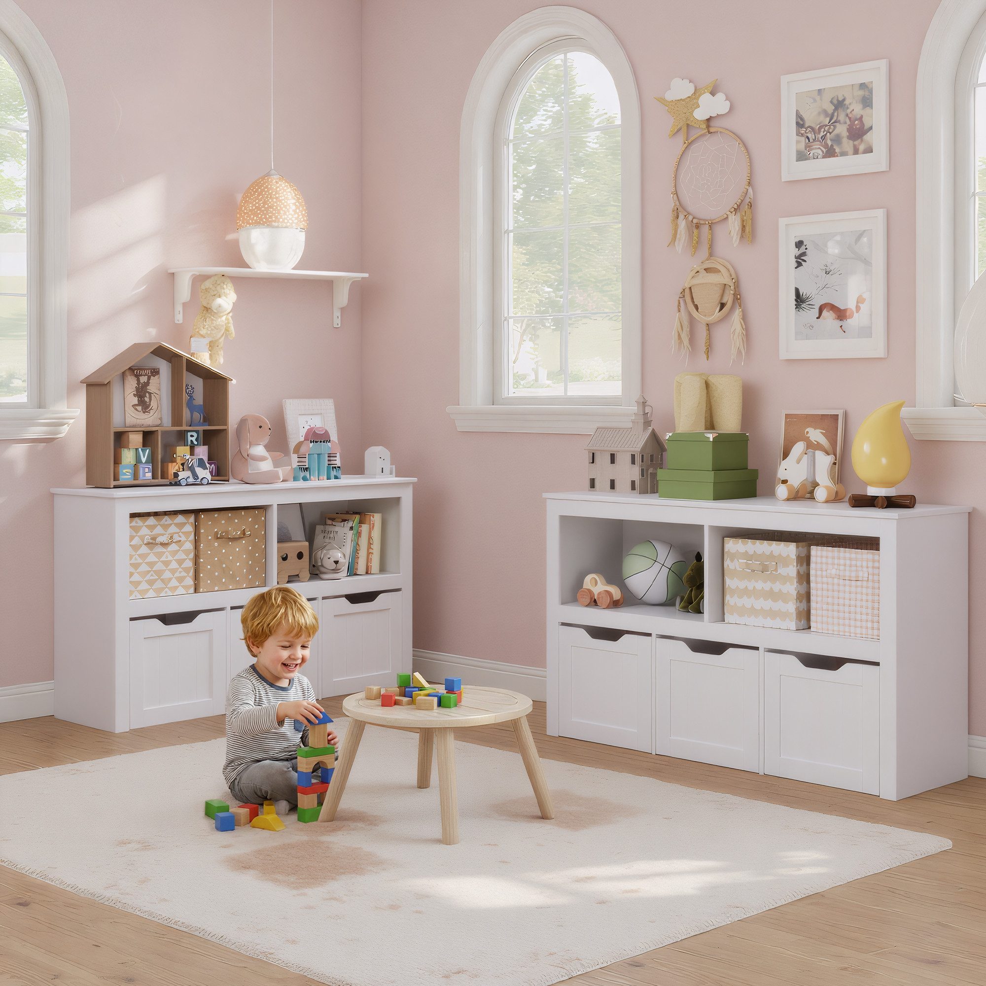 Blishom Spielzeugtruhe Kinderregal mit 3 rollbaren Spielzeugboxen & 2 Fächern, Niedriges Spielzeugregal, 360°-Rollen, abgerundete Kanten – Bild 5 von 5