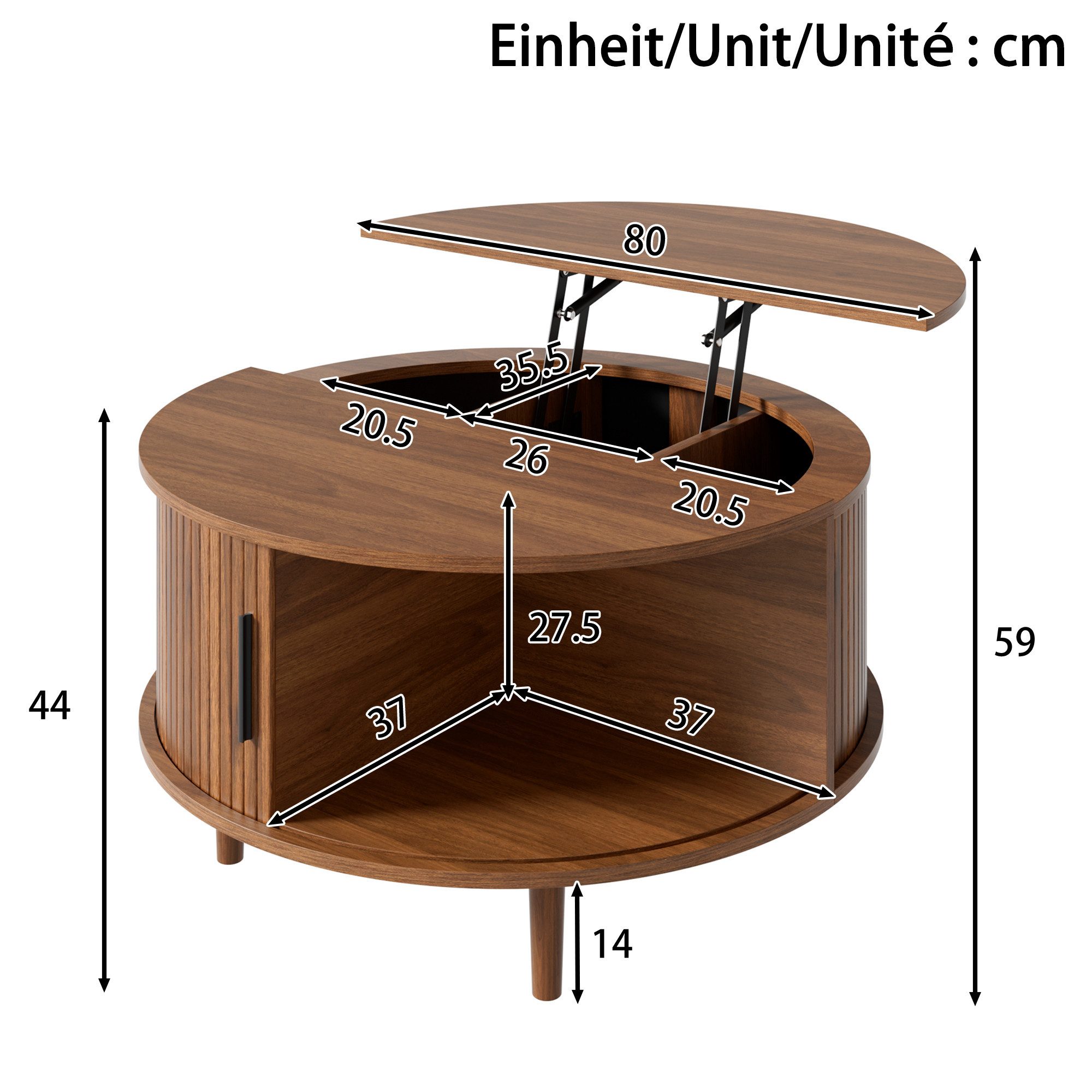 Merax Couchtisch rund Sofatisch anhebbarer Beistelltisch mit Liftfunktion im Holzoptik (1-St), Wohnzimmertisch mit Schiebetür, 4 Ablagefächern & verstecktem Sta – Bild 4 von 5